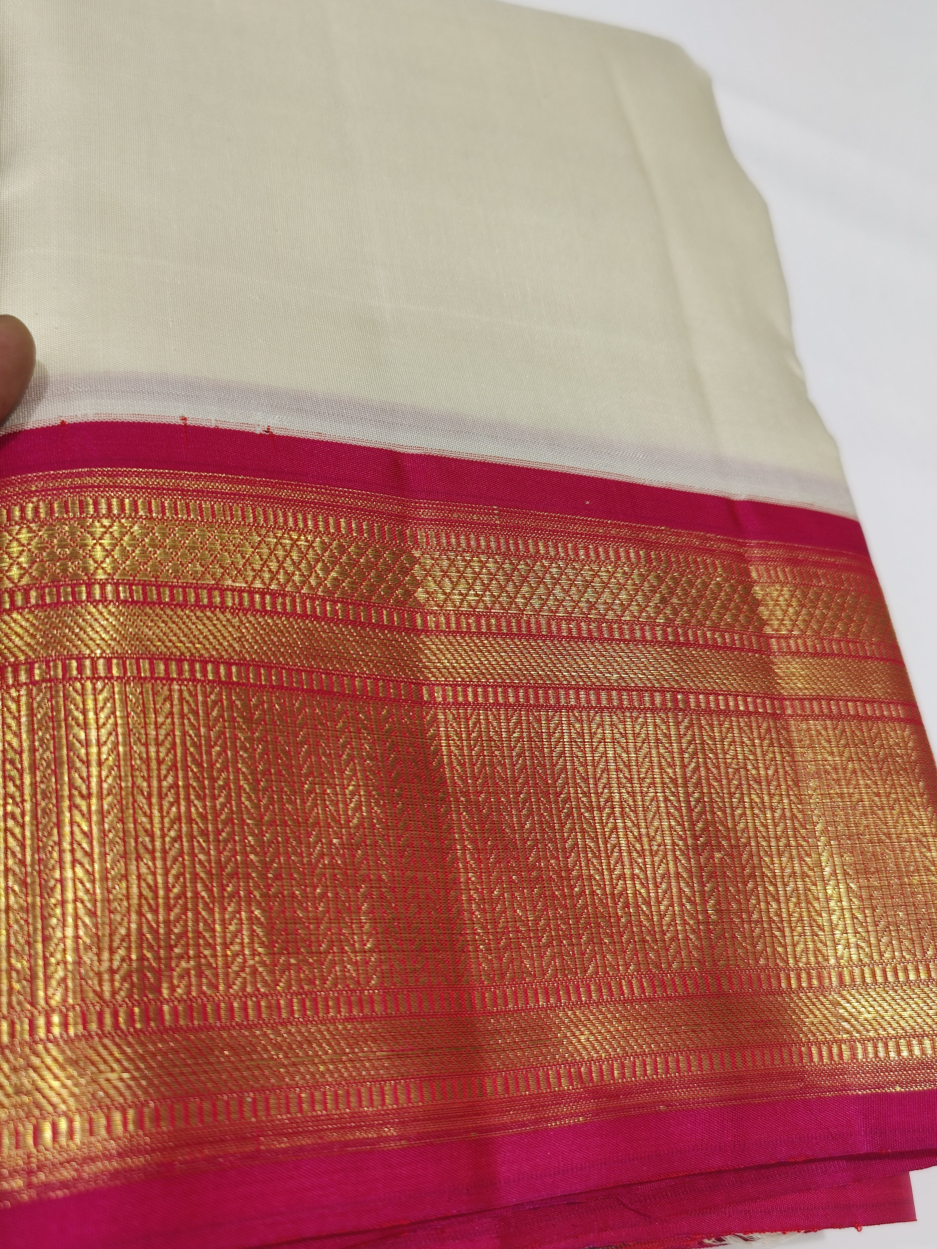 "Dark Pink & Gold Zari Border Cream Kanjivaram Pure Silk Dhoti + Shirt Piece – Wedding Collection" - New Sudarshan Silks`