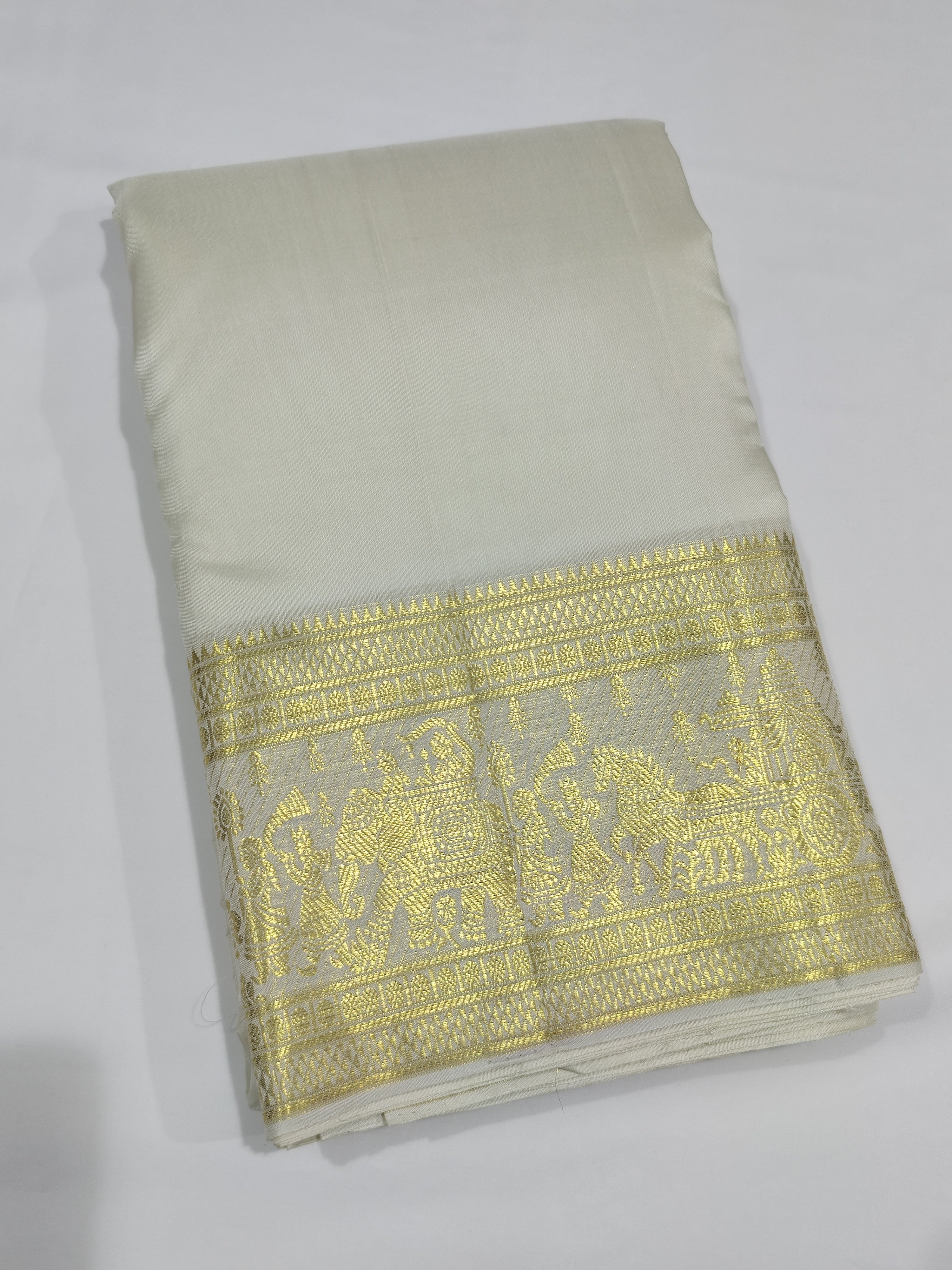"Cream Kanjivaram Silk Dhoti with Traditional Palak Gold Zari Border + Shirt Piece – Wedding Collection" - New Sudarshan Silks`