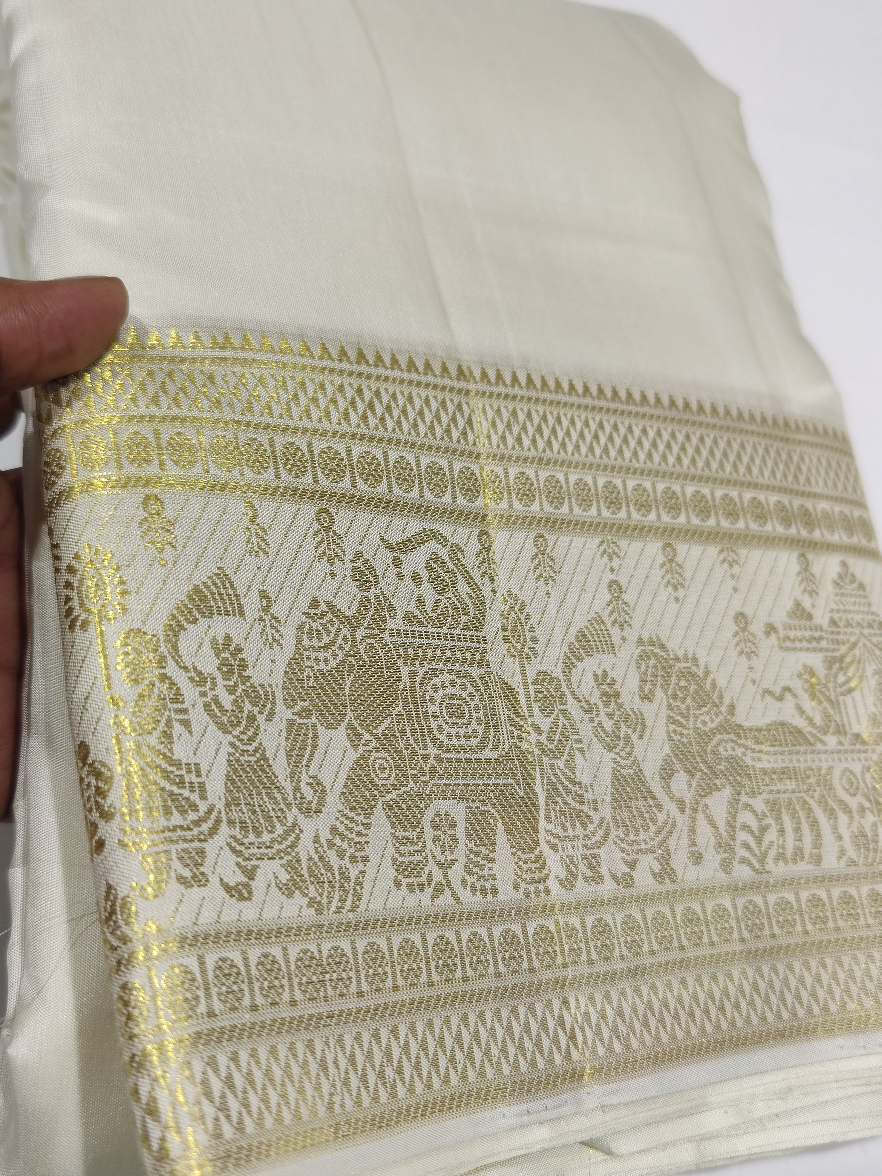 "Cream Kanjivaram Silk Dhoti with Traditional Palak Gold Zari Border + Shirt Piece – Wedding Collection" - New Sudarshan Silks`