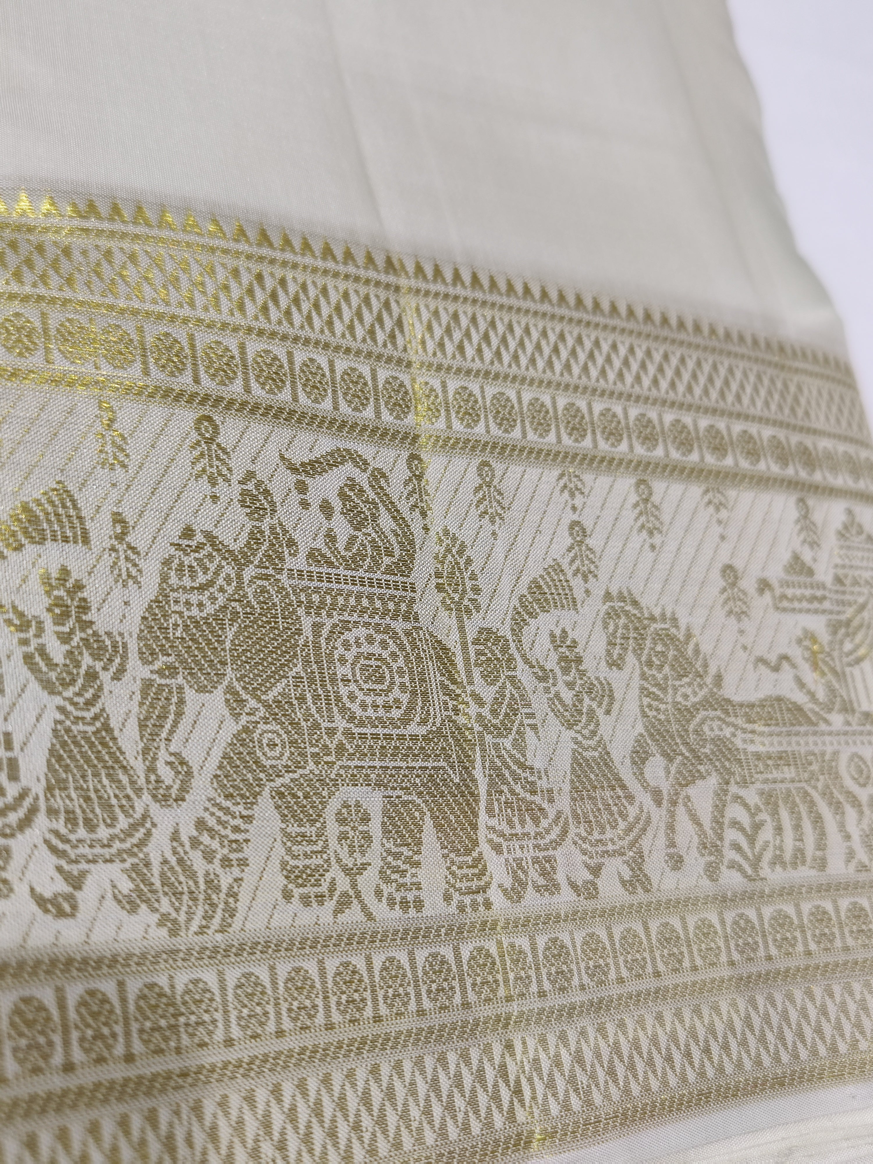 "Cream Kanjivaram Silk Dhoti with Traditional Palak Gold Zari Border + Shirt Piece – Wedding Collection" - New Sudarshan Silks`