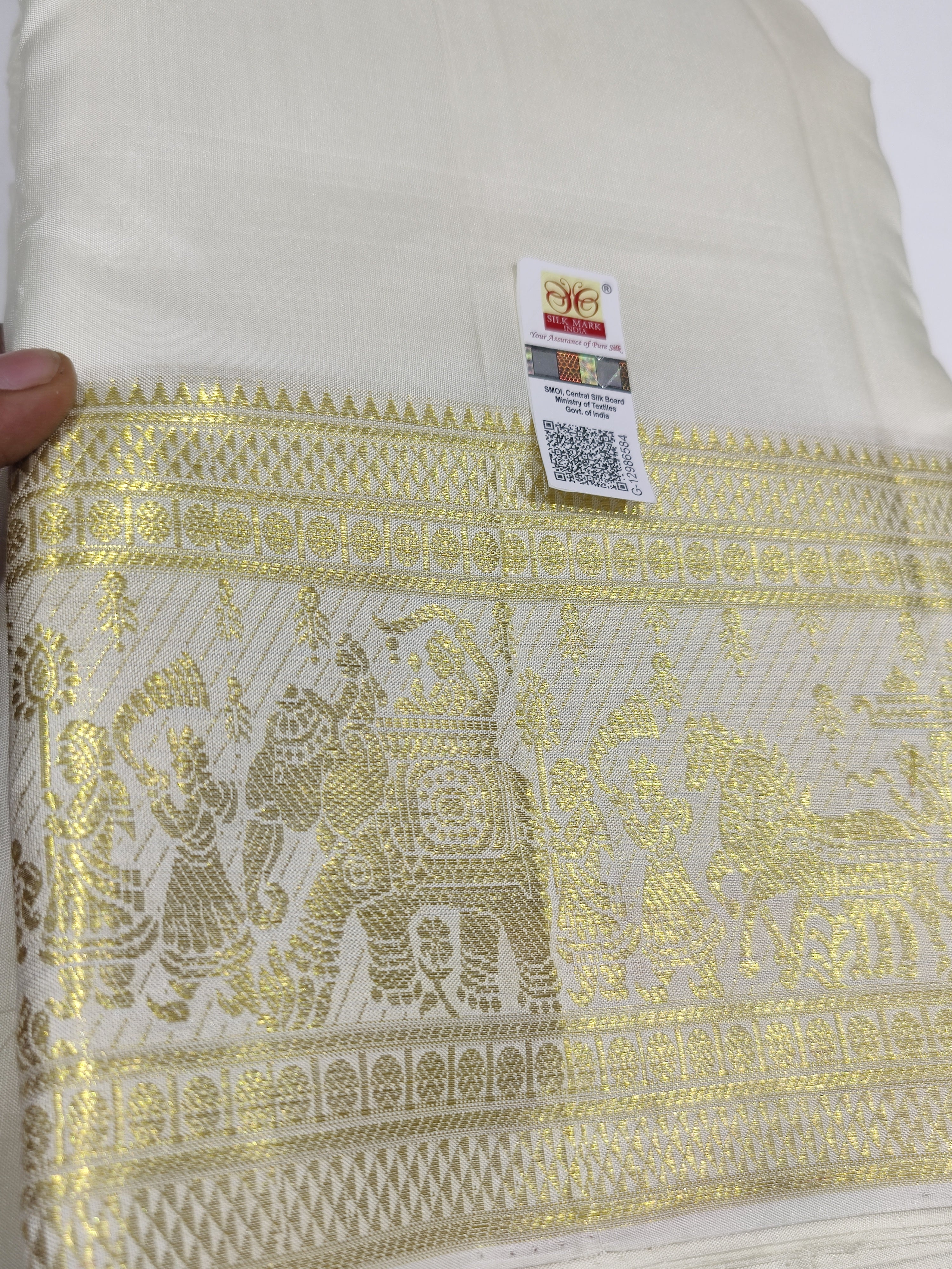 "Cream Kanjivaram Silk Dhoti with Traditional Palak Gold Zari Border + Shirt Piece – Wedding Collection" - New Sudarshan Silks`