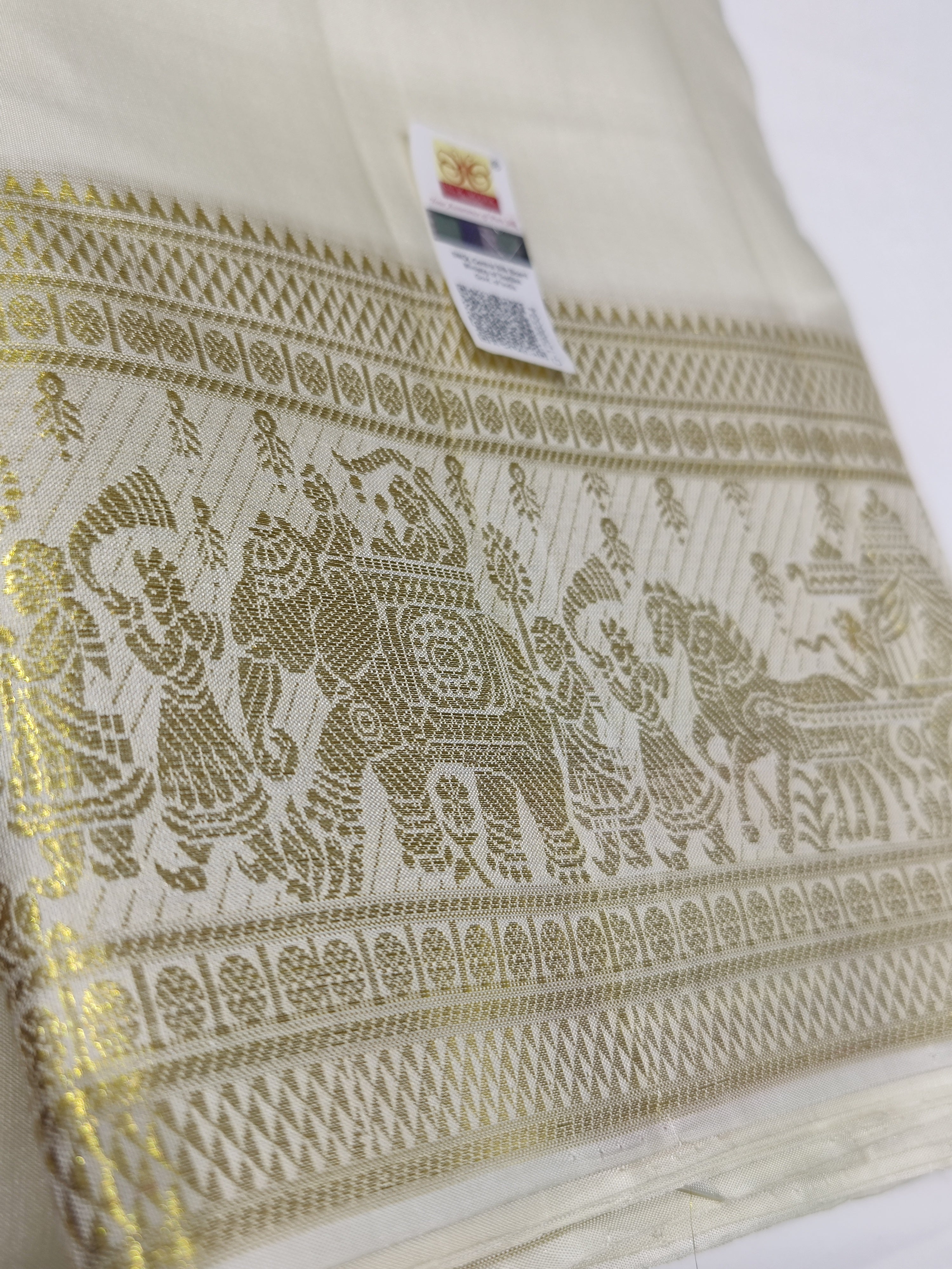 "Cream Kanjivaram Silk Dhoti with Traditional Palak Gold Zari Border + Shirt Piece – Wedding Collection" - New Sudarshan Silks`