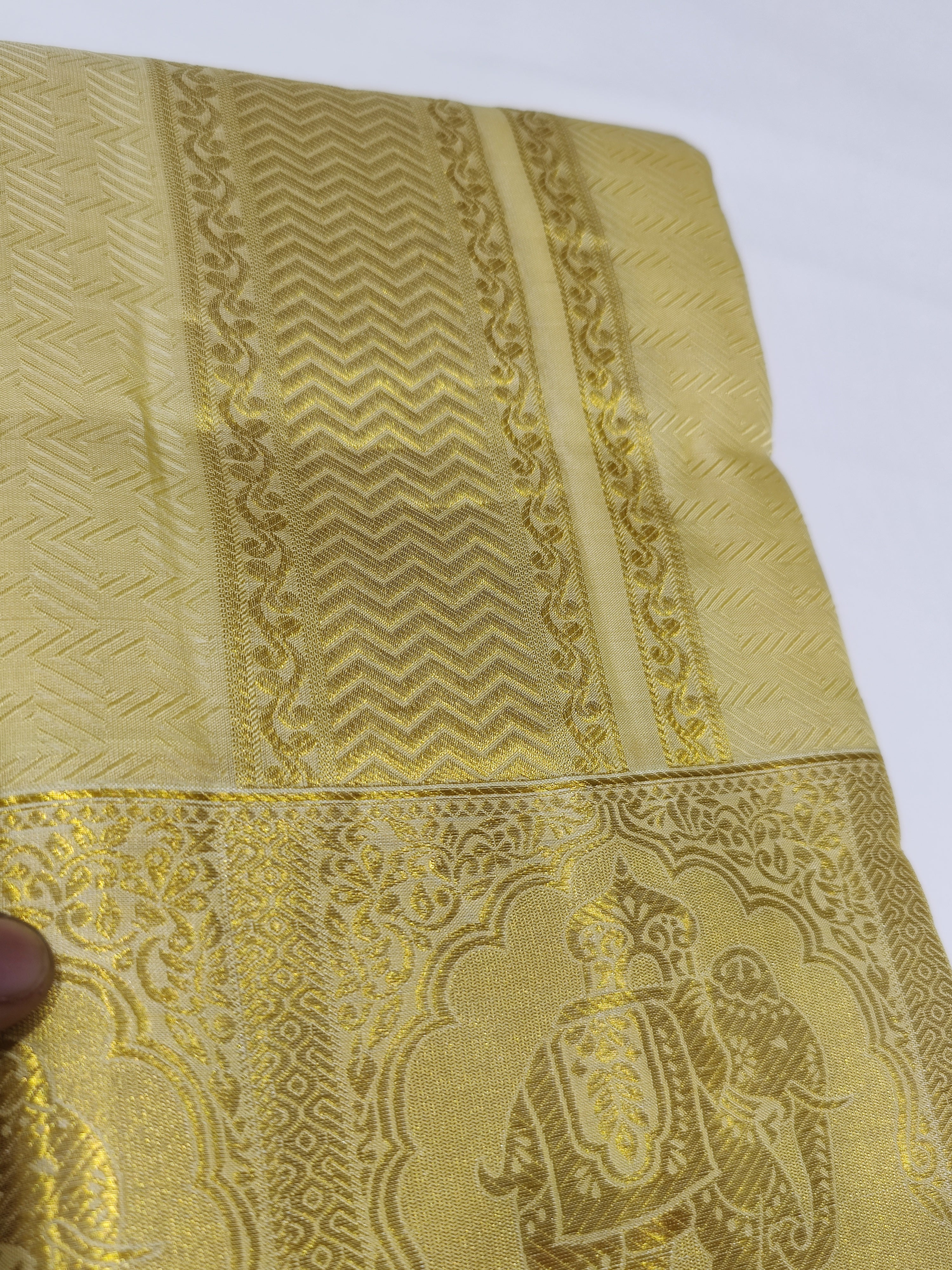 "Pure Gold Kanjivaram Silk Dhoti with Elephant Zari Work Border + Shirt Piece – Wedding Collection" - New Sudarshan Silks`