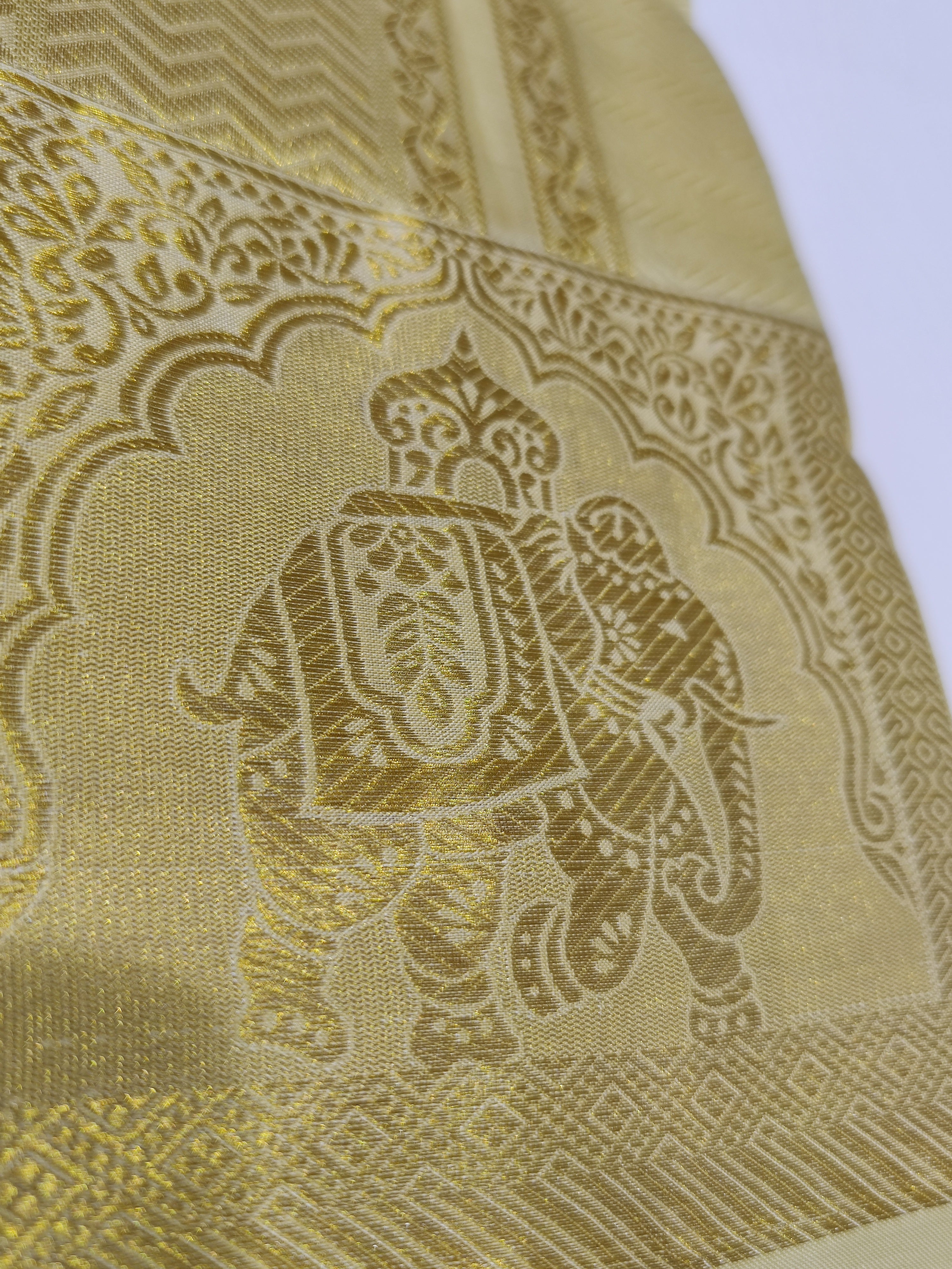 "Pure Gold Kanjivaram Silk Dhoti with Elephant Zari Work Border + Shirt Piece – Wedding Collection" - New Sudarshan Silks`