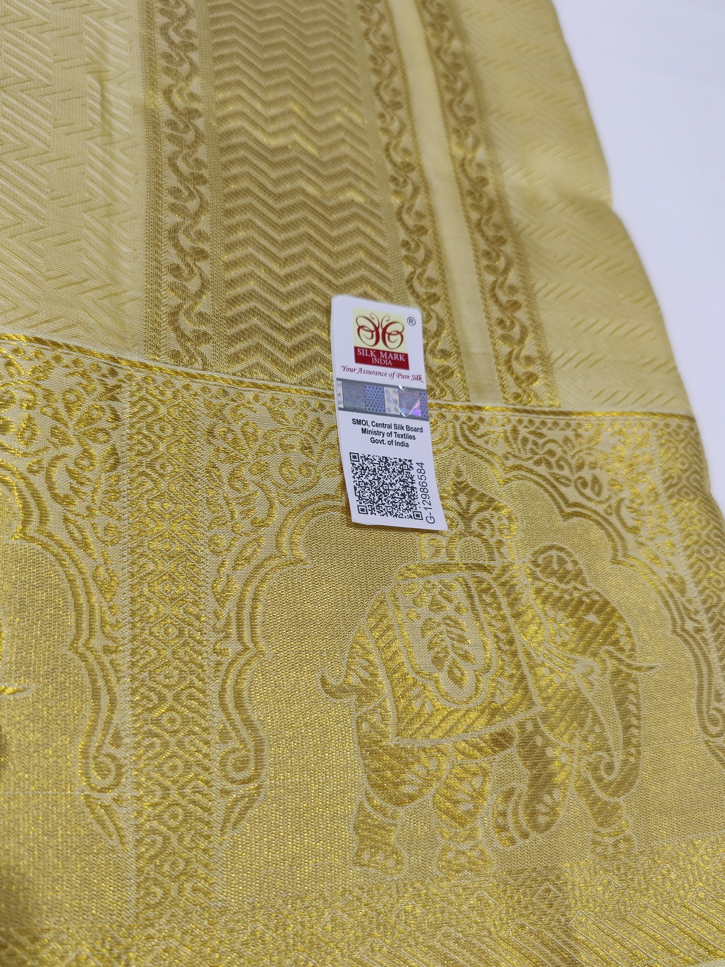 "Pure Gold Kanjivaram Silk Dhoti with Elephant Zari Work Border + Shirt Piece – Wedding Collection" - New Sudarshan Silks`