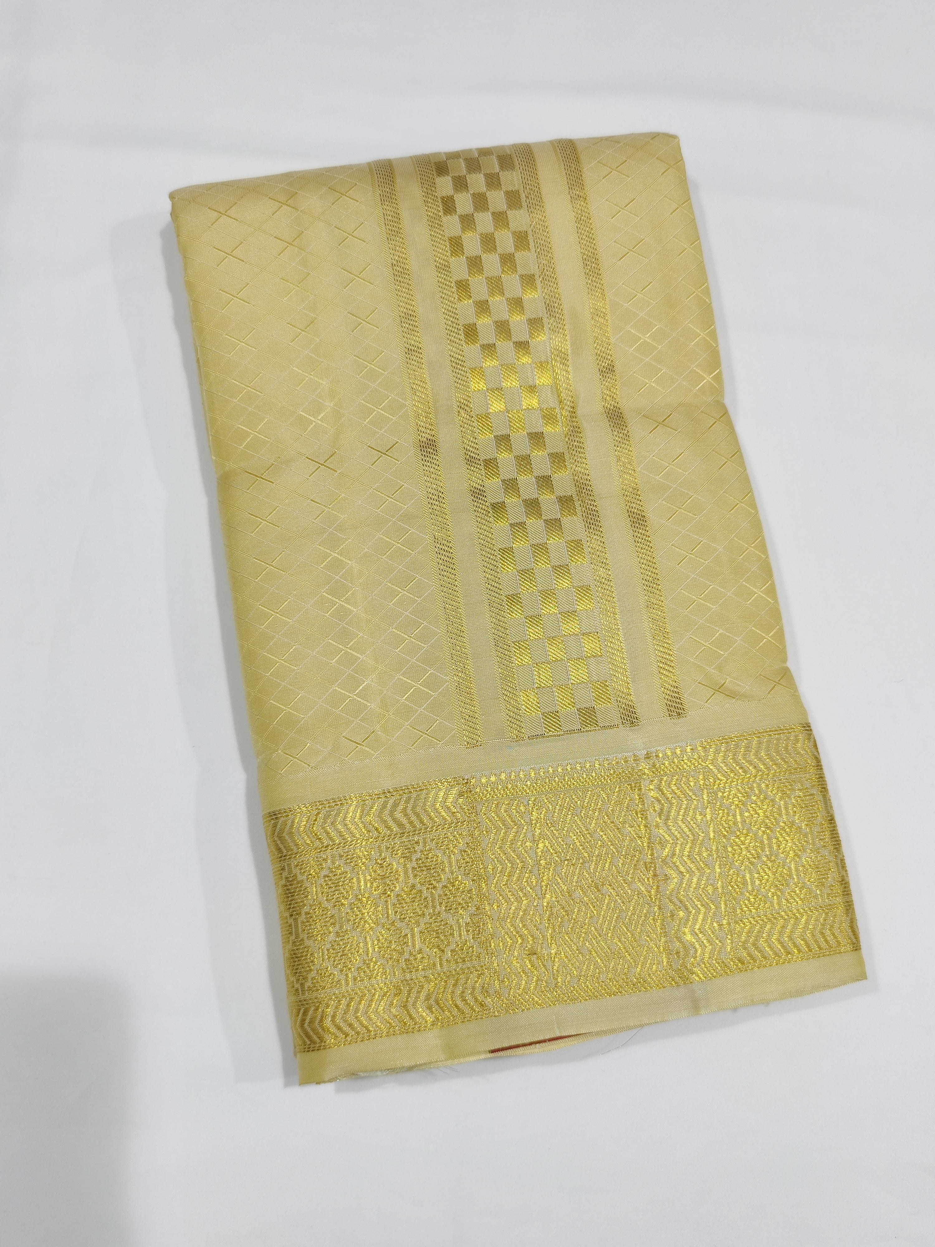 "Pure Gold Kanjivaram Silk Dhoti with Zari Work Border + Shirt Piece – Wedding Collection" - New Sudarshan Silks`