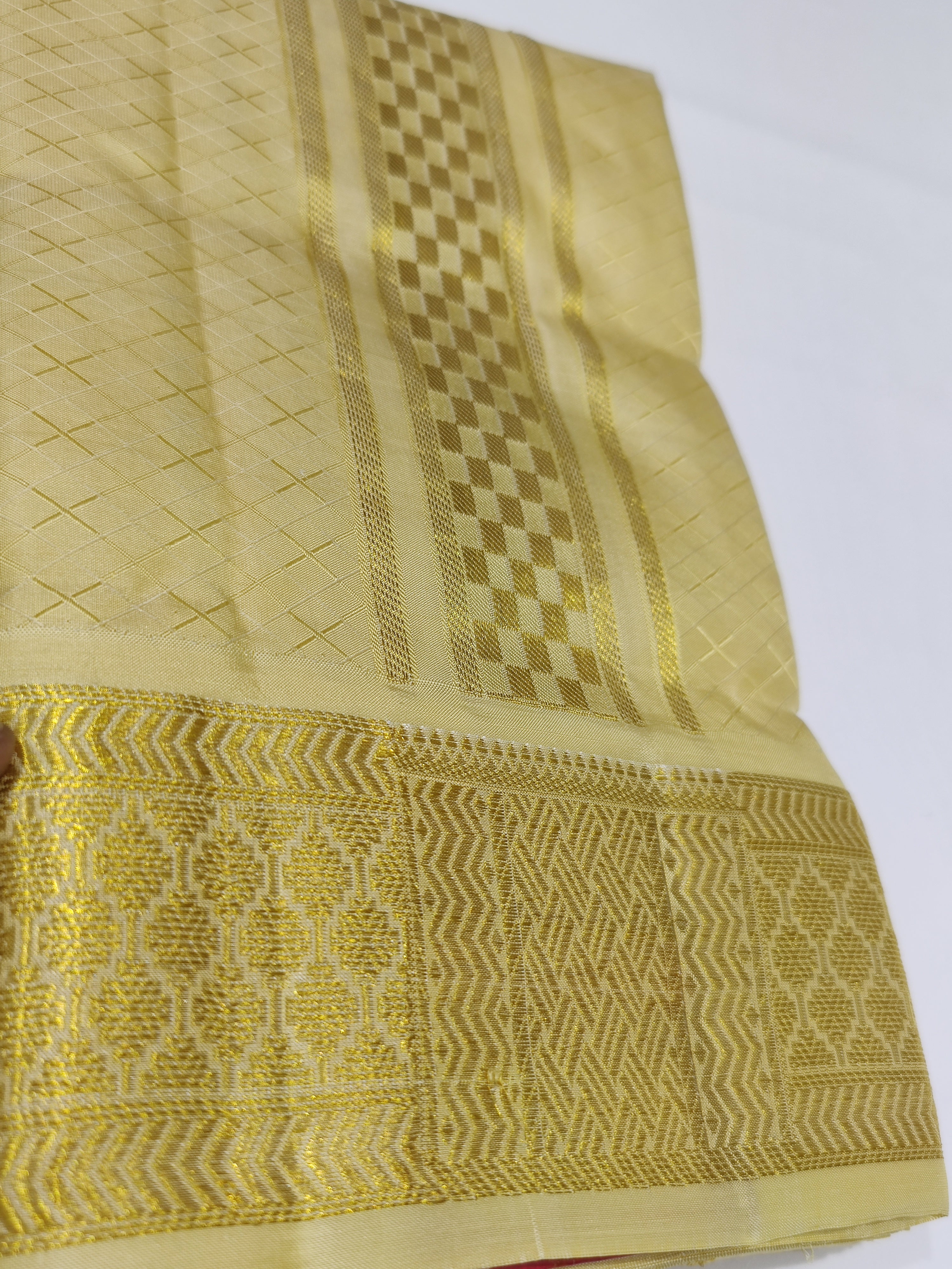 "Pure Gold Kanjivaram Silk Dhoti with Zari Work Border + Shirt Piece – Wedding Collection" - New Sudarshan Silks`