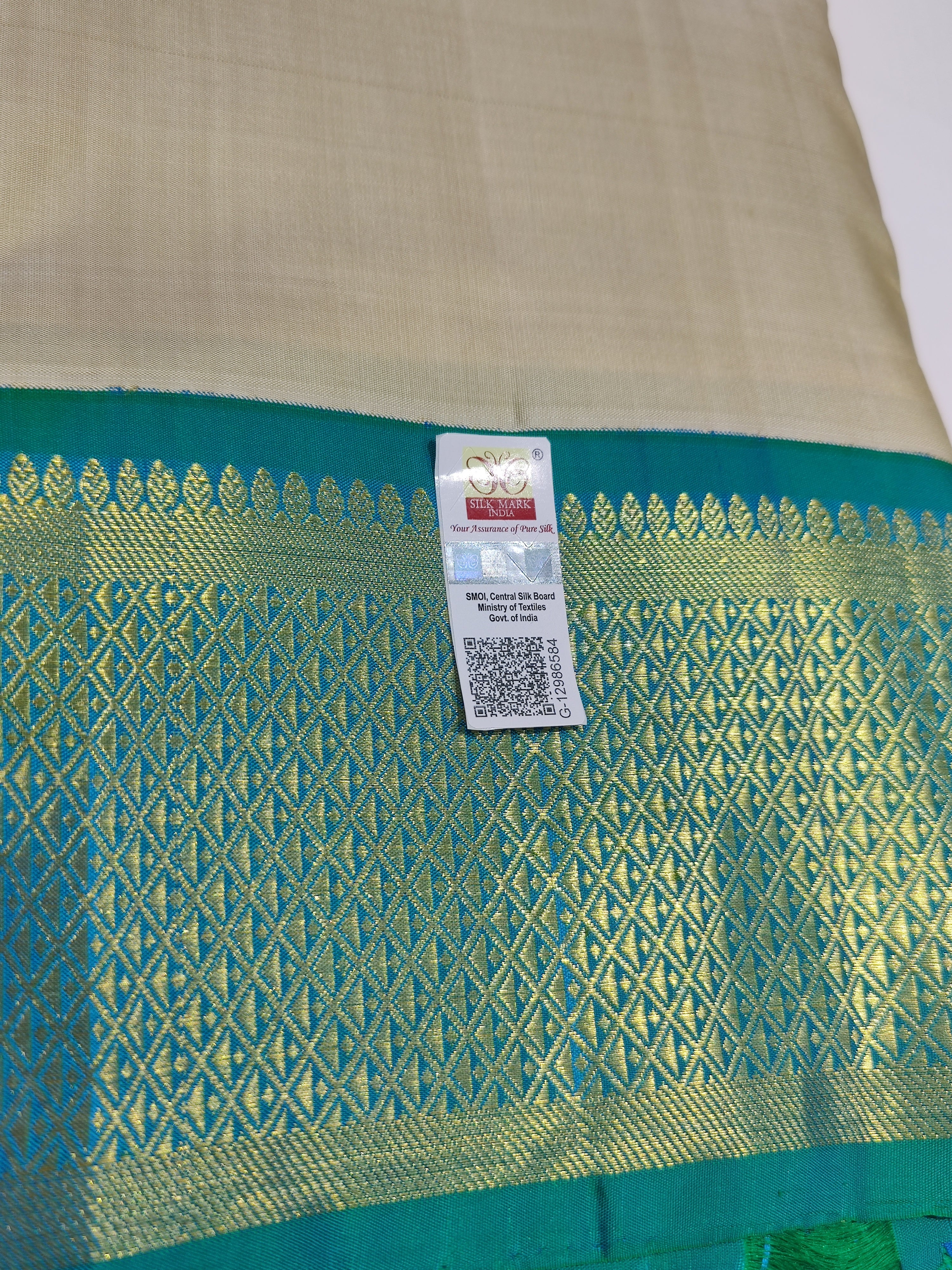"Pure Cream Kanjivaram Silk Dhoti with Rama Green & Gold Zari Border + Shirt Piece – Wedding Collection" - New Sudarshan Silks`