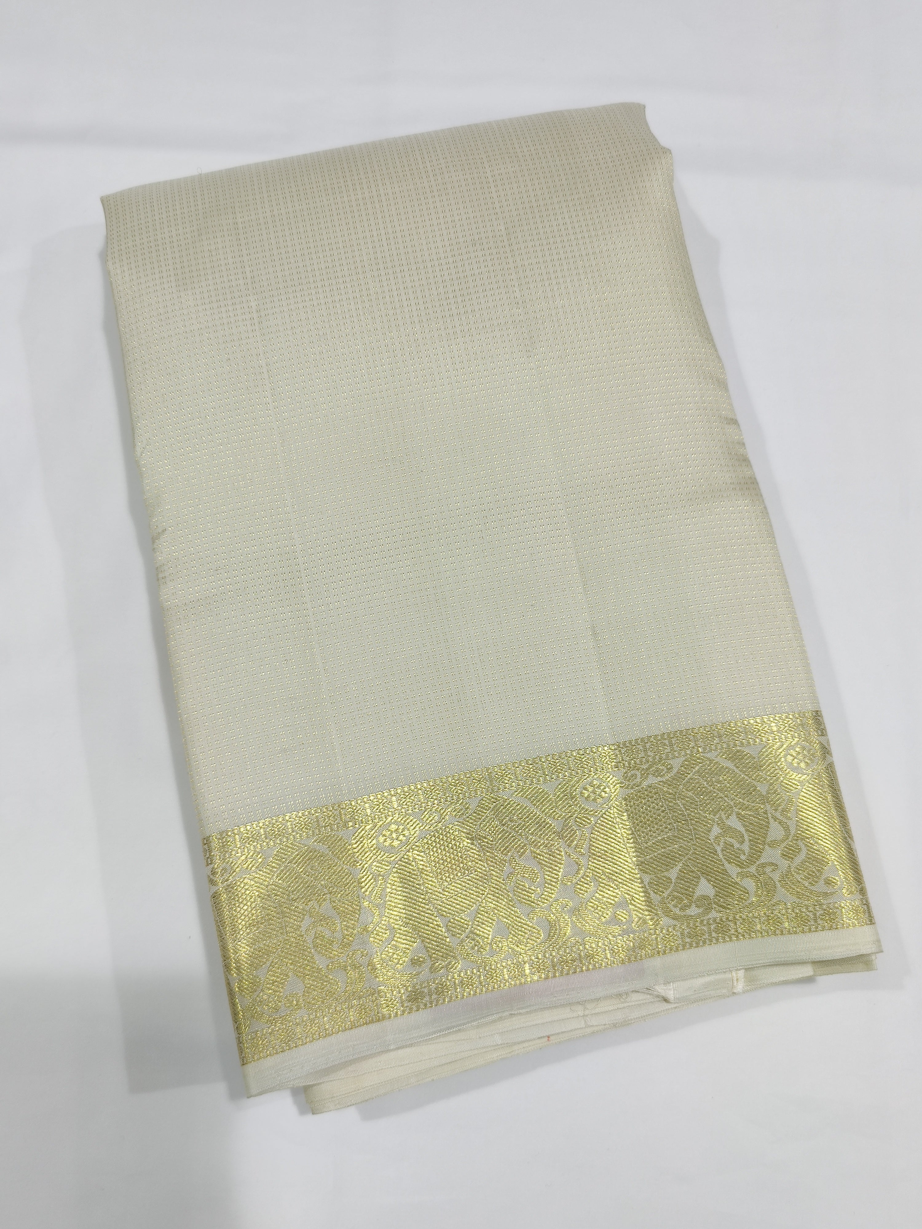 "Pure White Kanjivaram Silk Dhoti with Elephant & Gold Zari Work Border + Shirt Piece – Wedding Collection"