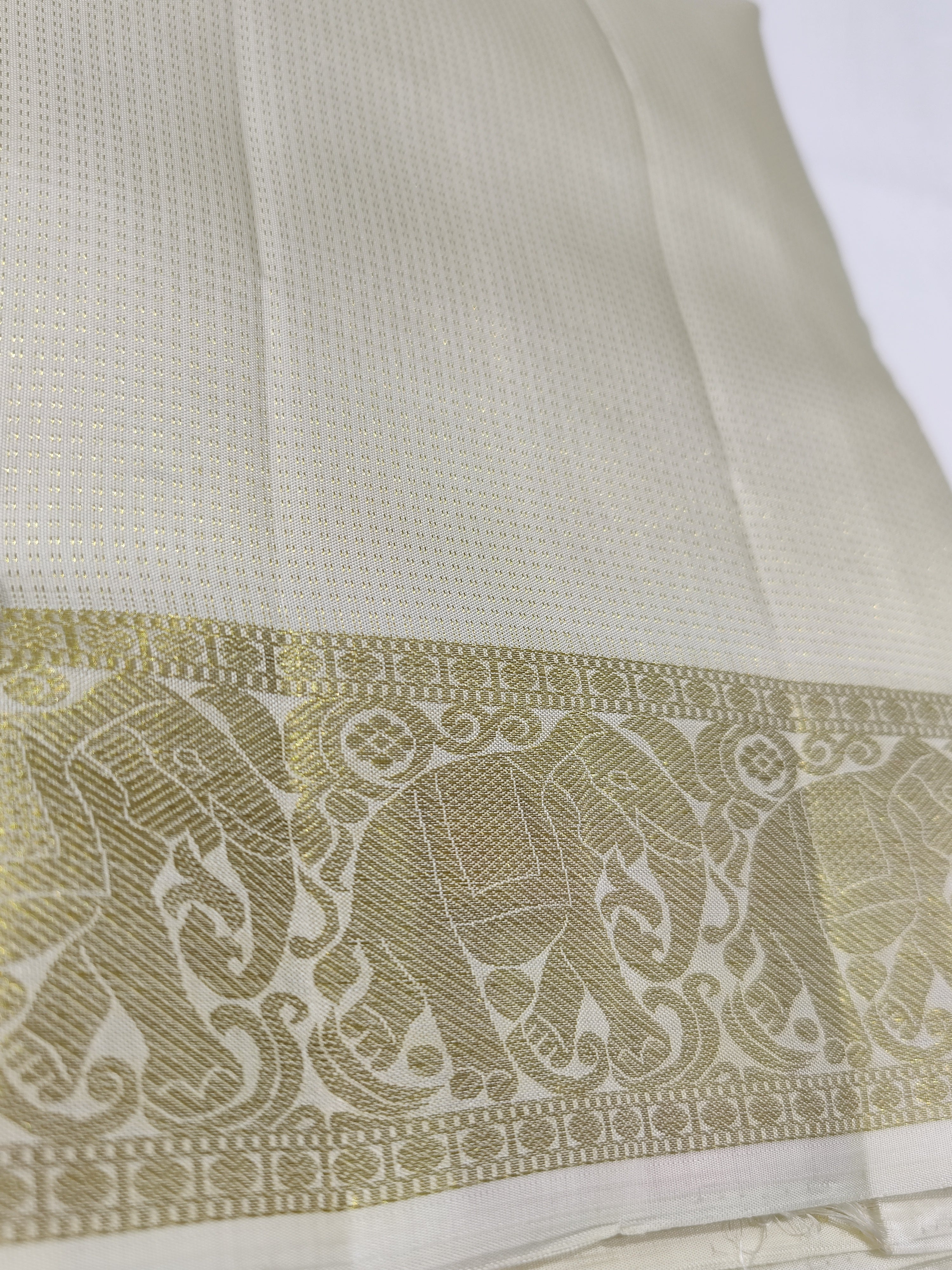 "Pure White Kanjivaram Silk Dhoti with Elephant & Gold Zari Work Border + Shirt Piece – Wedding Collection" - New Sudarshan Silks`