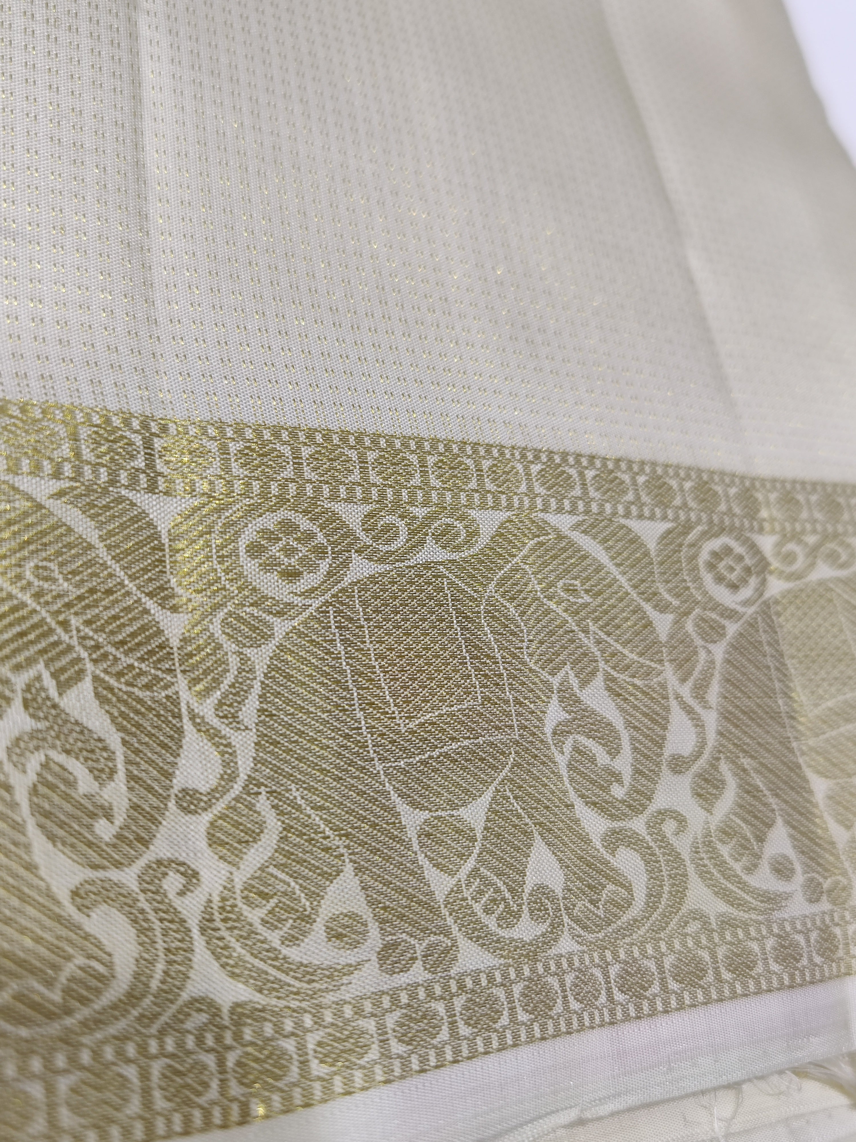 "Pure White Kanjivaram Silk Dhoti with Elephant & Gold Zari Work Border + Shirt Piece – Wedding Collection" - New Sudarshan Silks`
