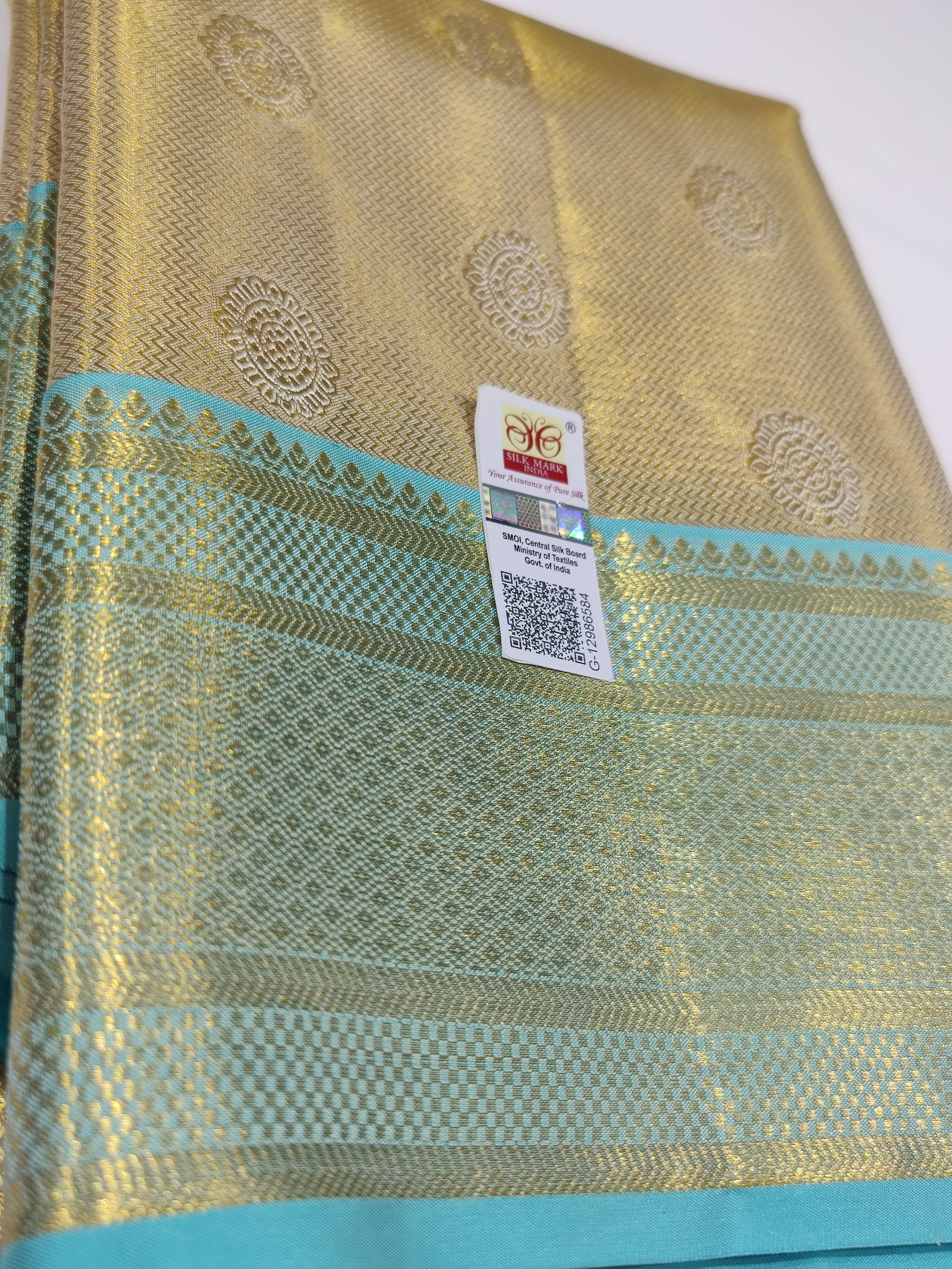 "Pure Gold Tissue Silk Dhoti with Light Blue & Gold Zari Work Border + Shirt Piece – Wedding Collection" - New Sudarshan Silks`