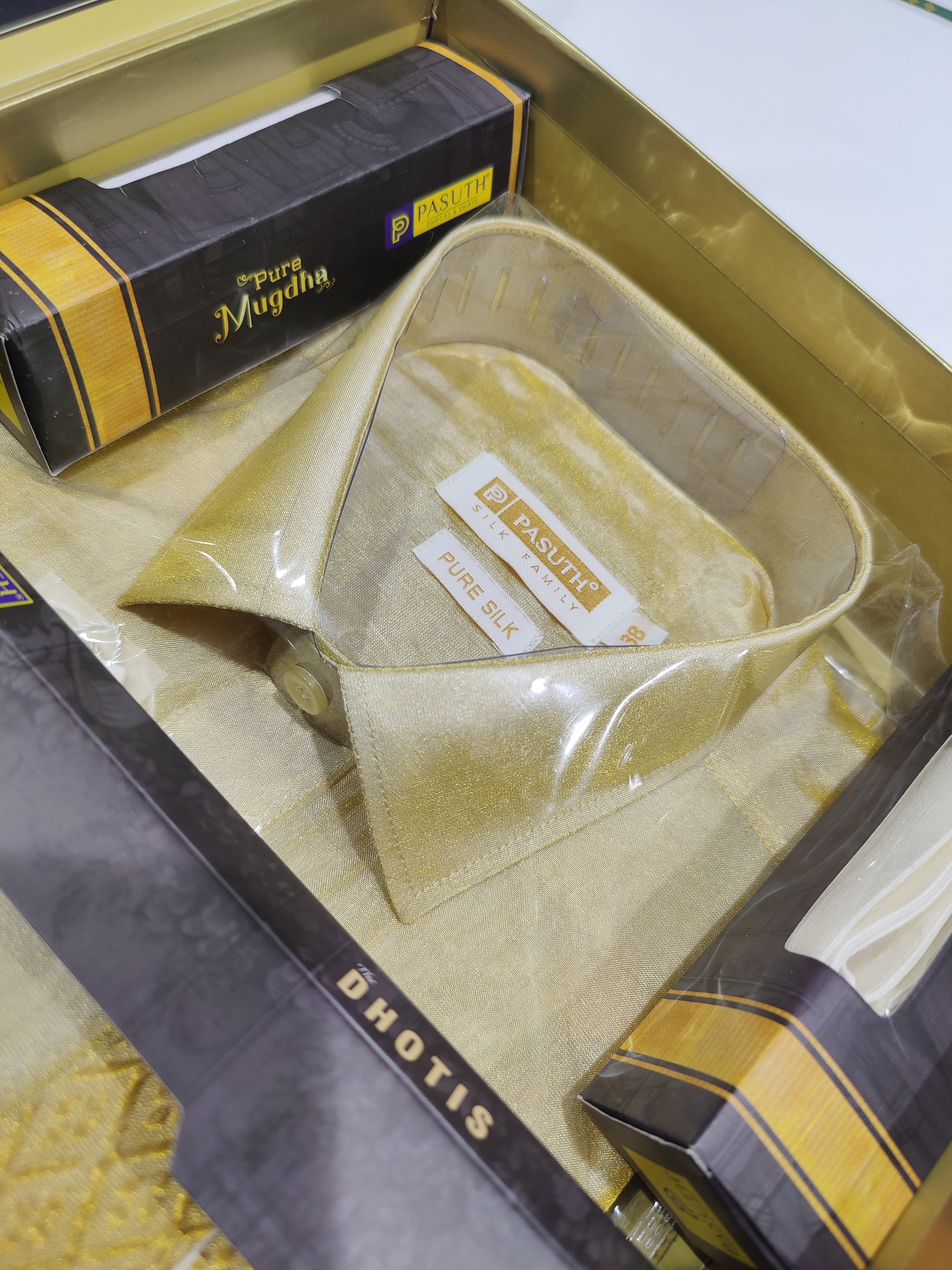 "Pure Kanjivaram Silk Gold Tissue Dhoti Set with Shirt, Belt & Perfume – Wedding Collection" - New Sudarshan Silks`