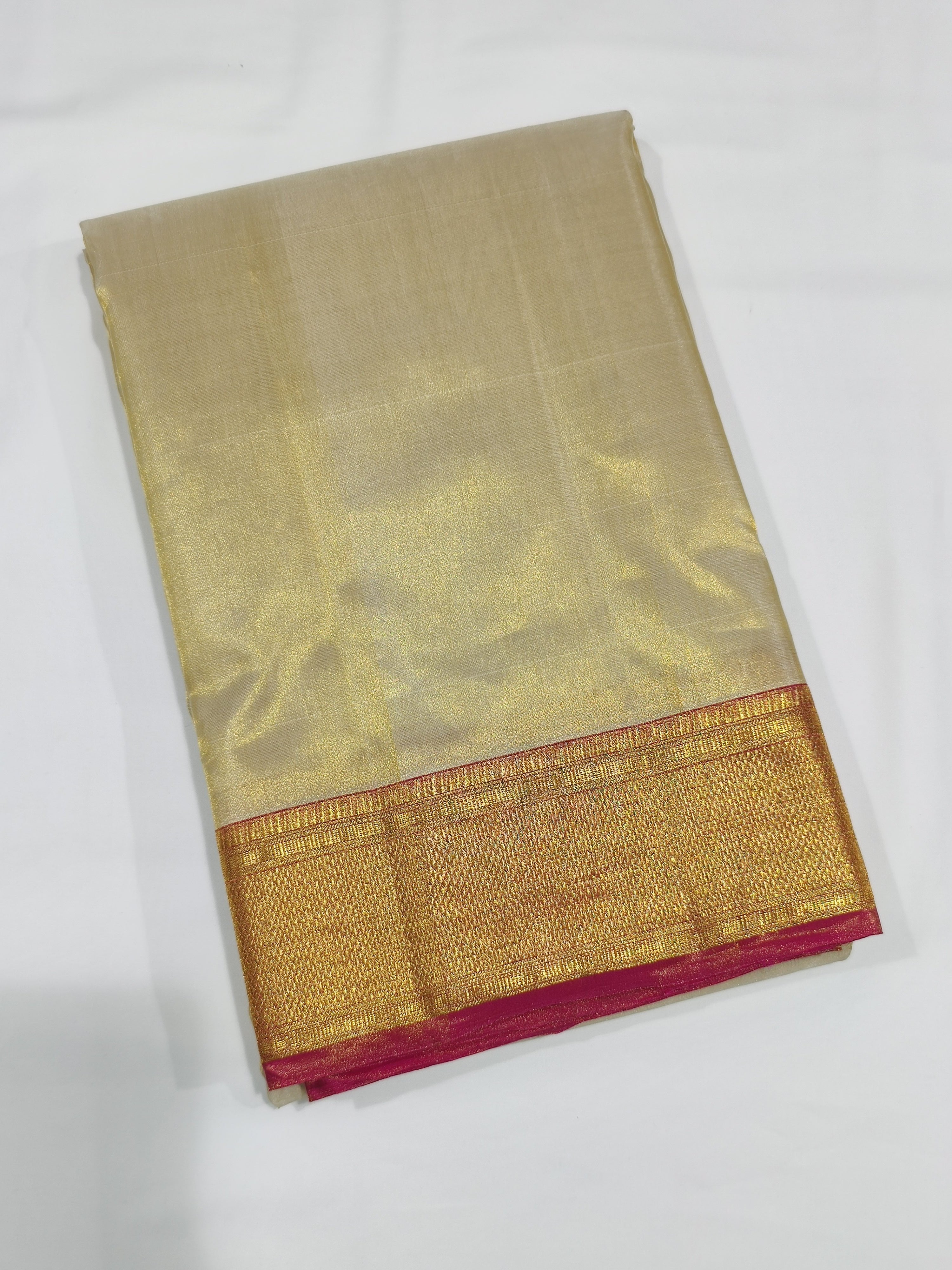 "Pure Cream Tissue Kanjivaram Pure Silk Dhoti with Red & Gold Zari Work Border + Shirt Piece – Wedding Collection" - New Sudarshan Silks`