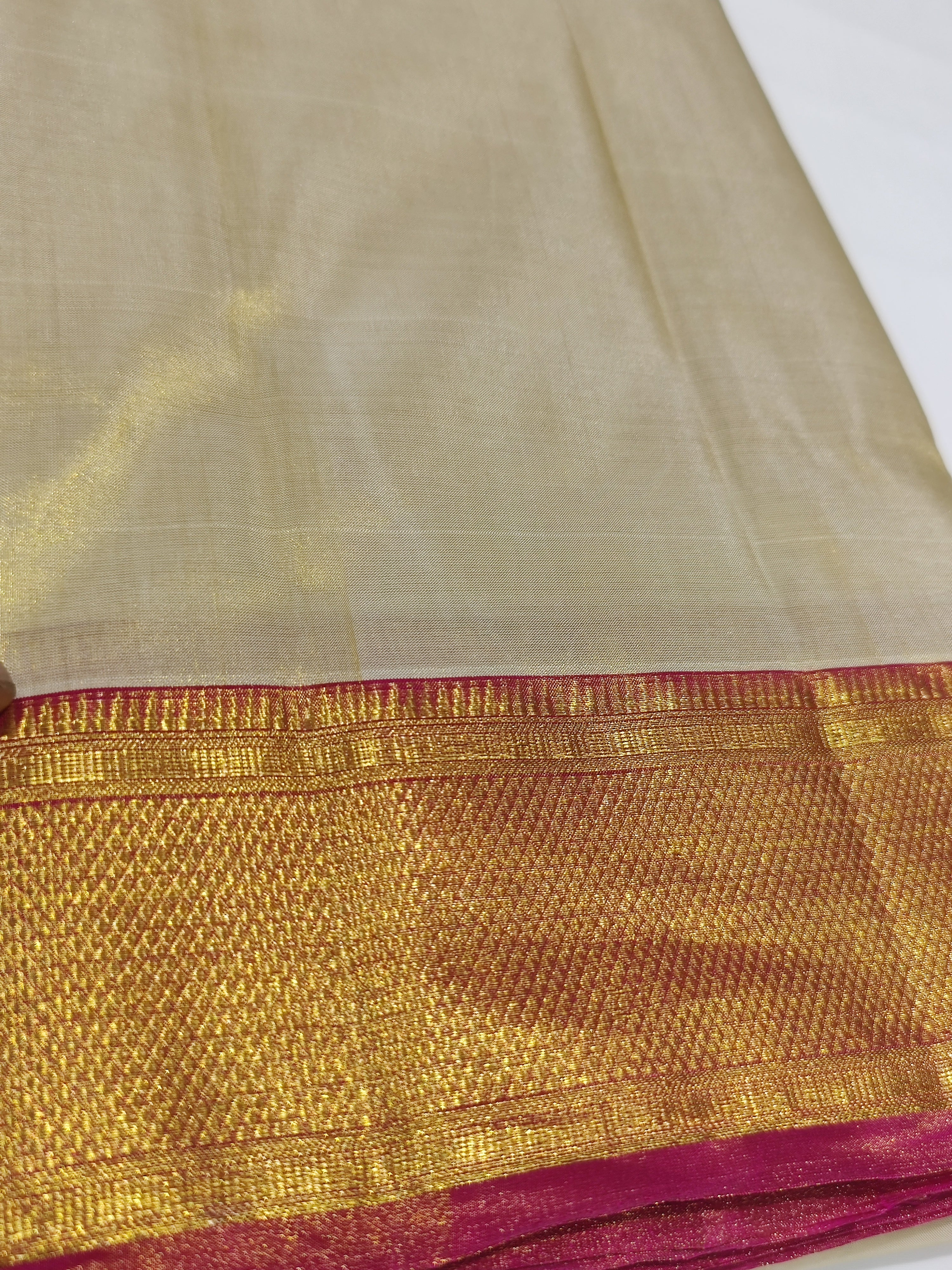 "Pure Cream Tissue Kanjivaram Pure Silk Dhoti with Red & Gold Zari Work Border + Shirt Piece – Wedding Collection" - New Sudarshan Silks`