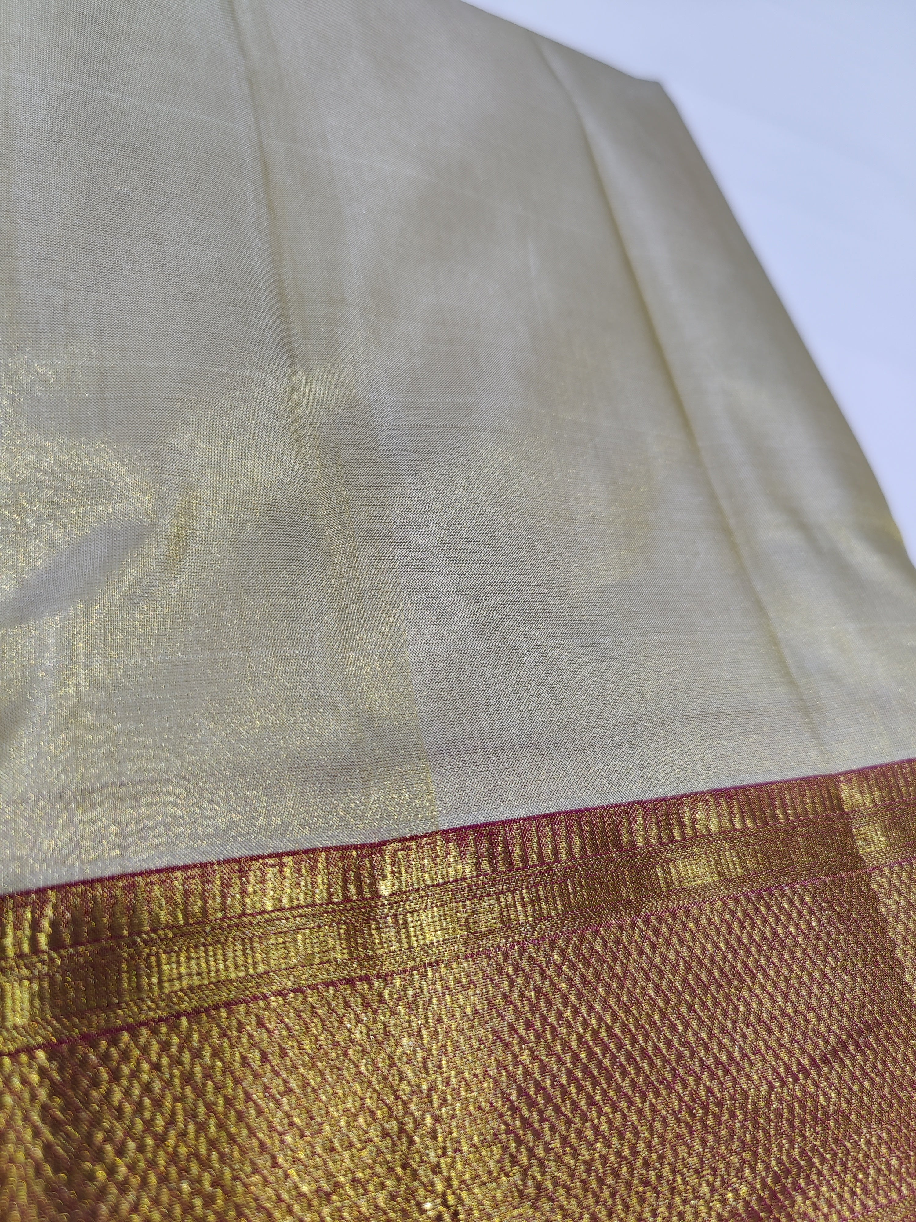 "Pure Cream Tissue Kanjivaram Pure Silk Dhoti with Red & Gold Zari Work Border + Shirt Piece – Wedding Collection" - New Sudarshan Silks`