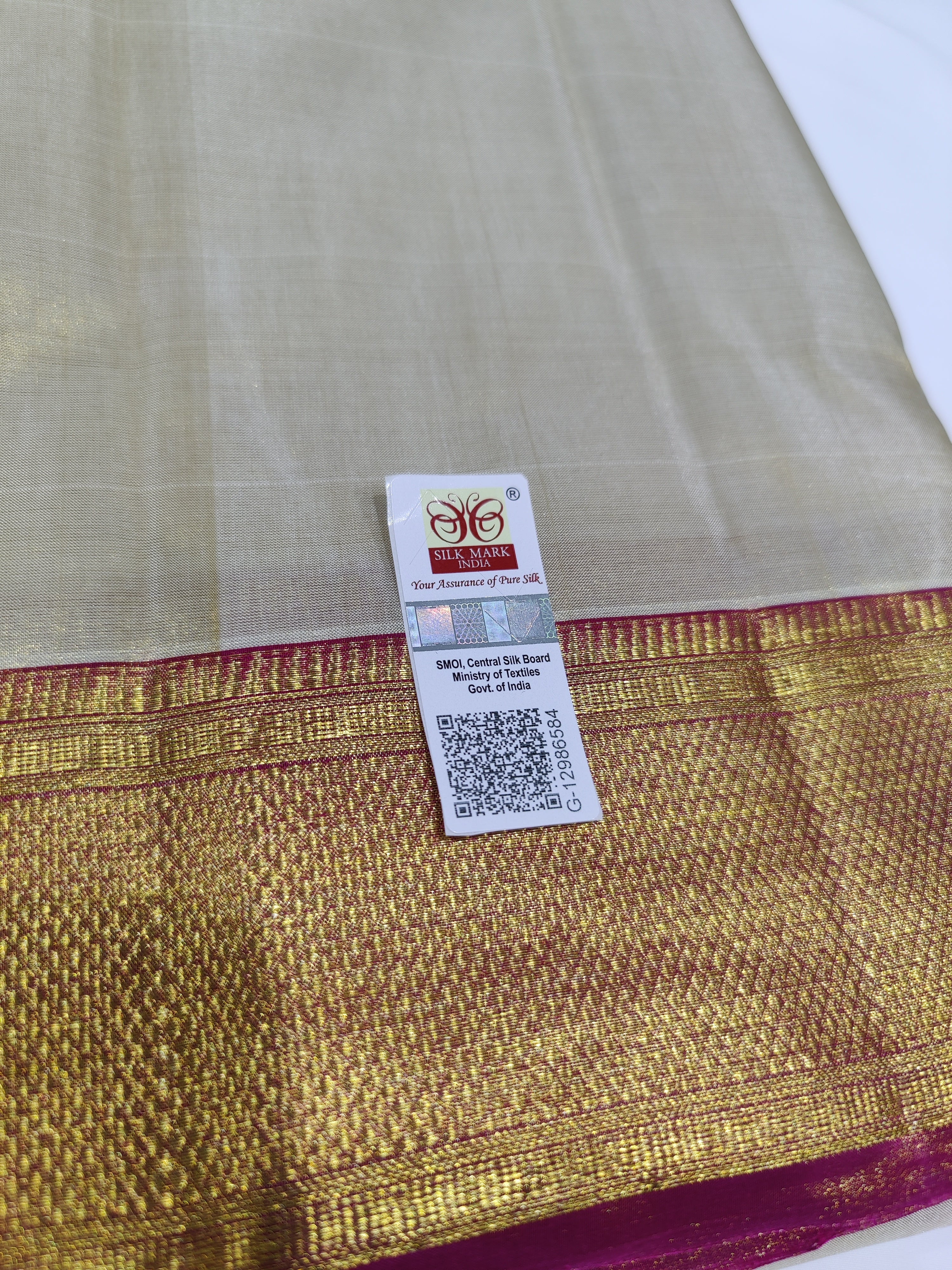 "Pure Cream Tissue Kanjivaram Pure Silk Dhoti with Red & Gold Zari Work Border + Shirt Piece – Wedding Collection" - New Sudarshan Silks`