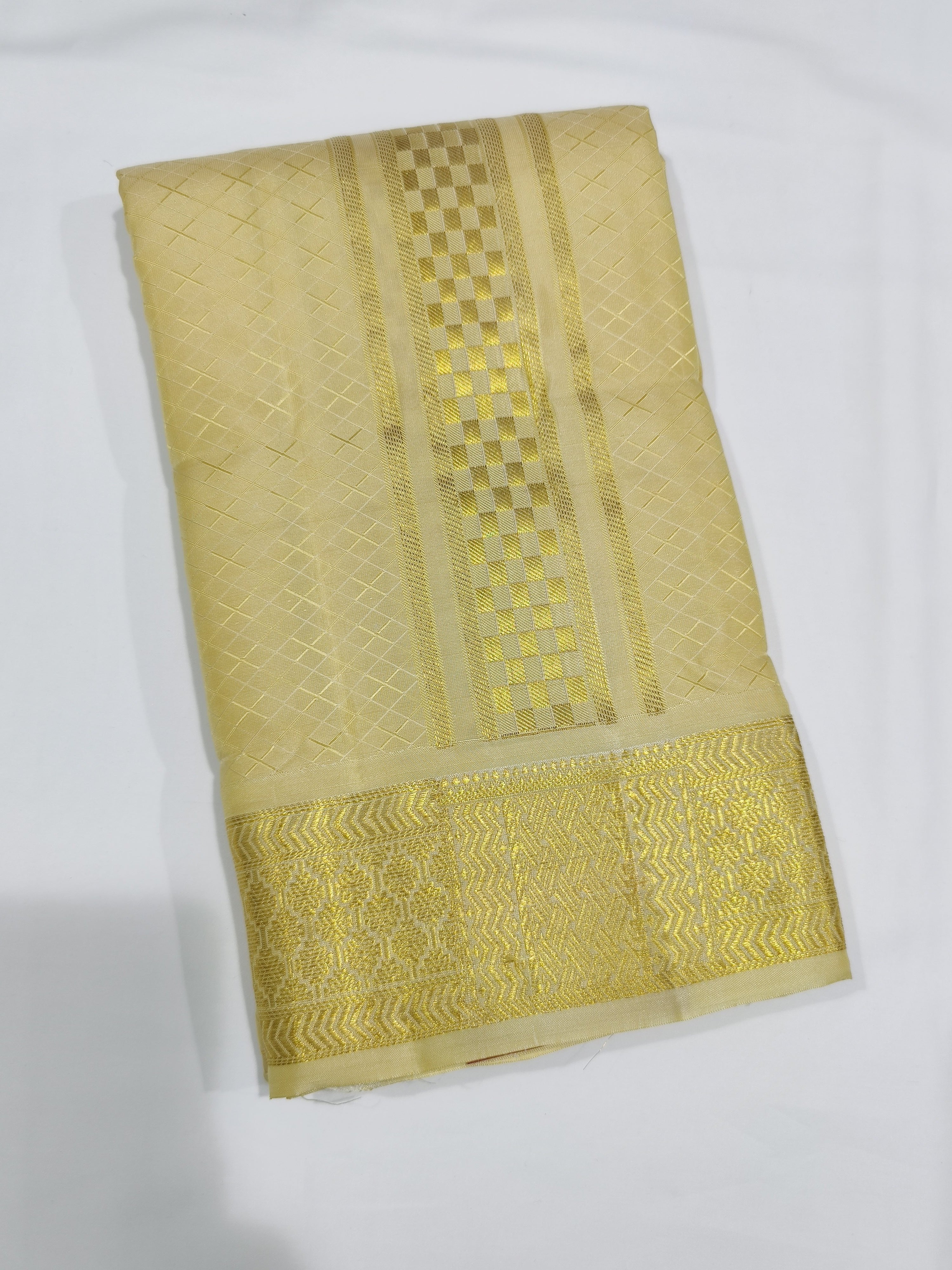 "Pure Kanjivaram Silk Cream Dhoti Set with Gold Tissue Silk with Shirt Piece – Wedding Collection" - New Sudarshan Silks`