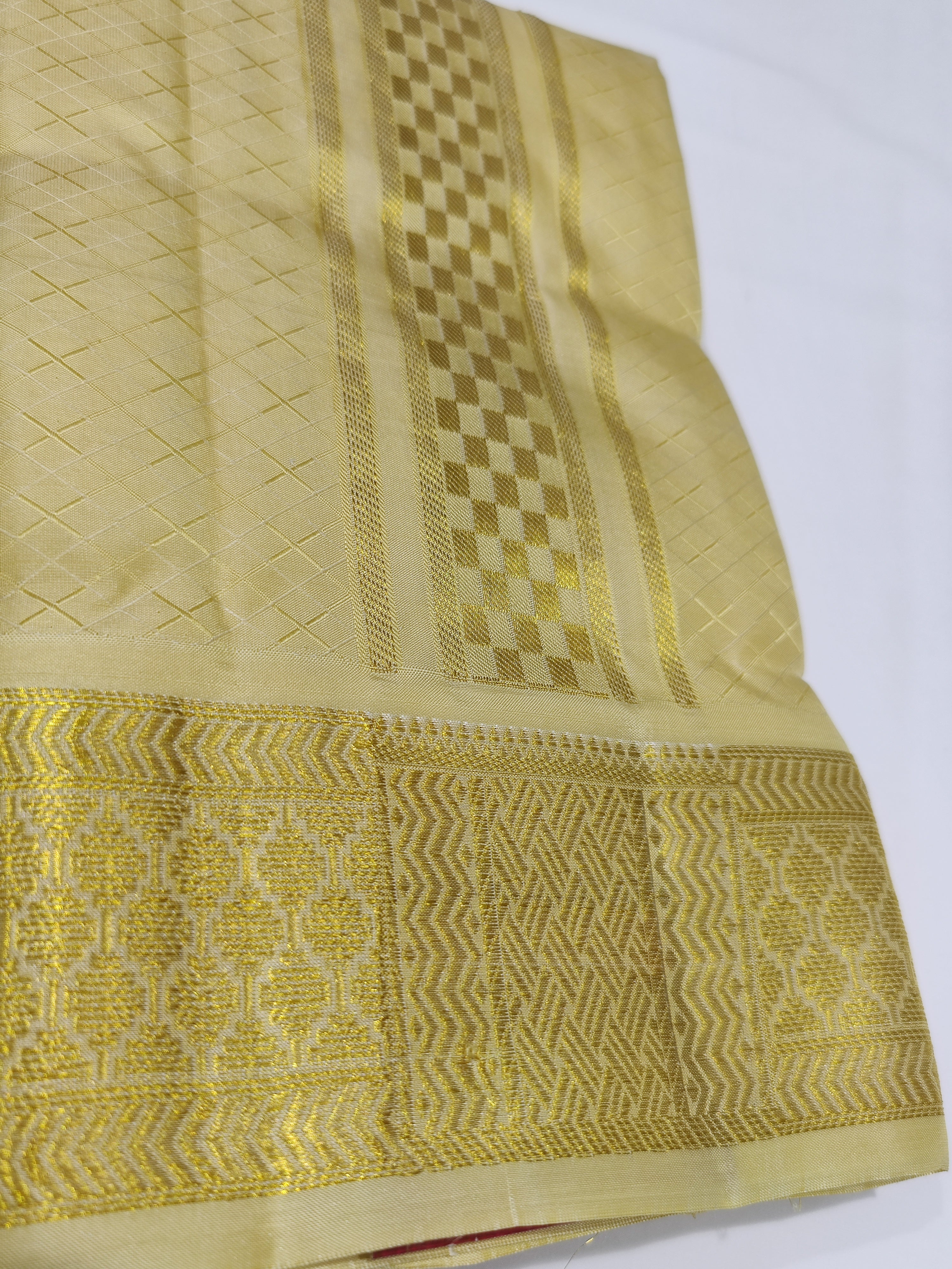 "Pure Kanjivaram Silk Cream Dhoti Set with Gold Tissue Silk with Shirt Piece – Wedding Collection" - New Sudarshan Silks`