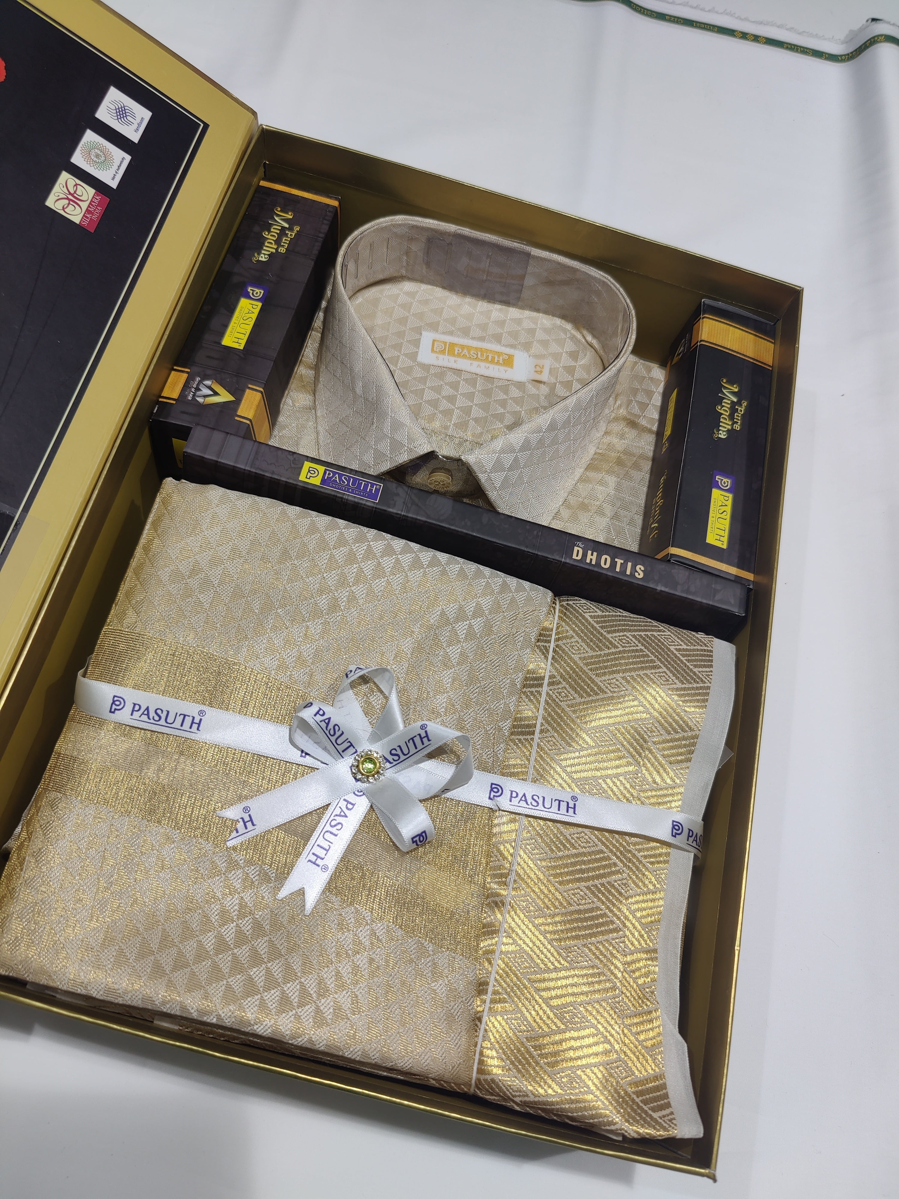 "Silver with Gold Shade Dhoti Set with Dhoti, Shirt, Belt & Perfume – Wedding Collection" - New Sudarshan Silks`