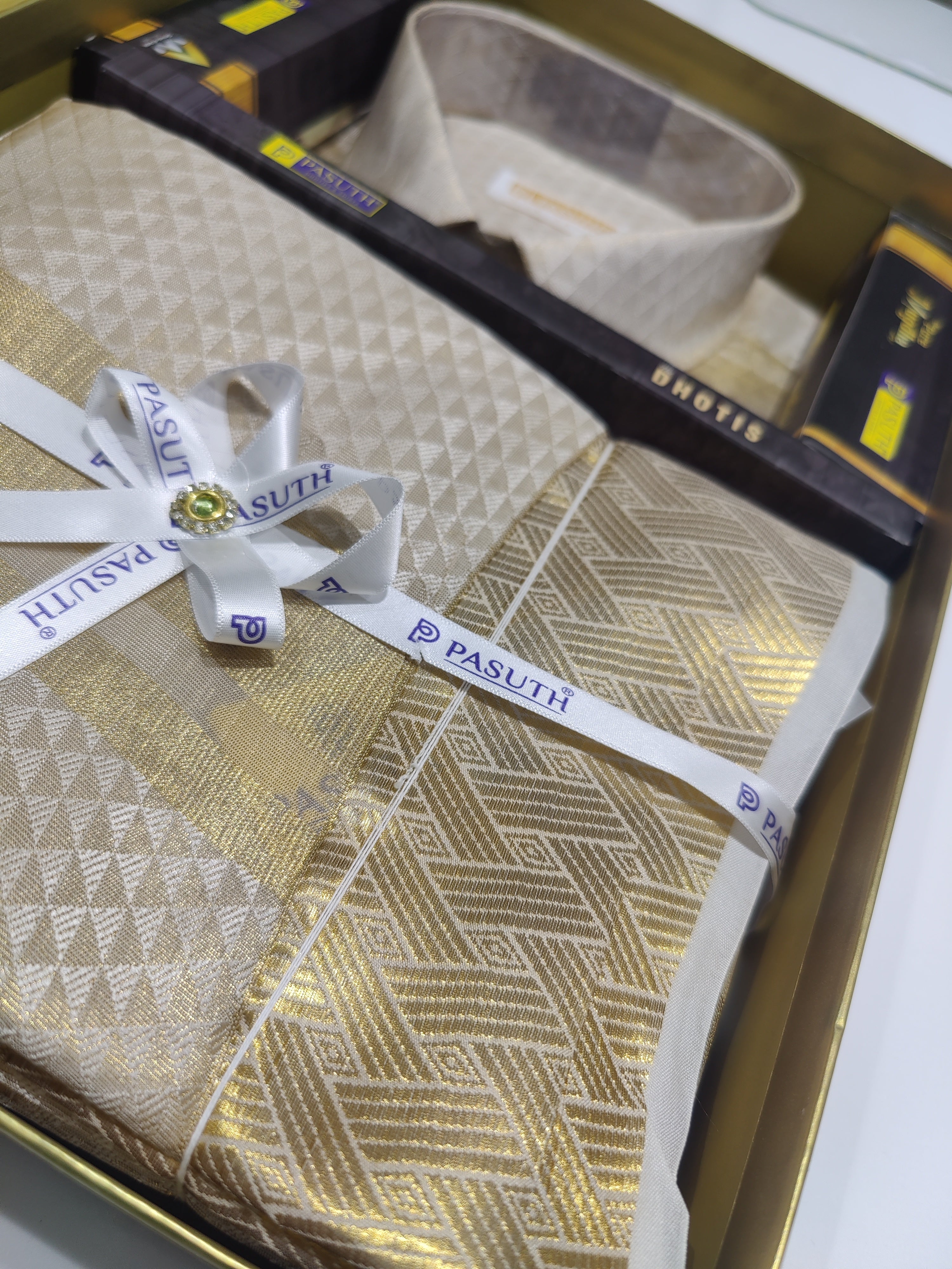 "Silver with Gold Shade Dhoti Set with Dhoti, Shirt, Belt & Perfume – Wedding Collection" - New Sudarshan Silks`