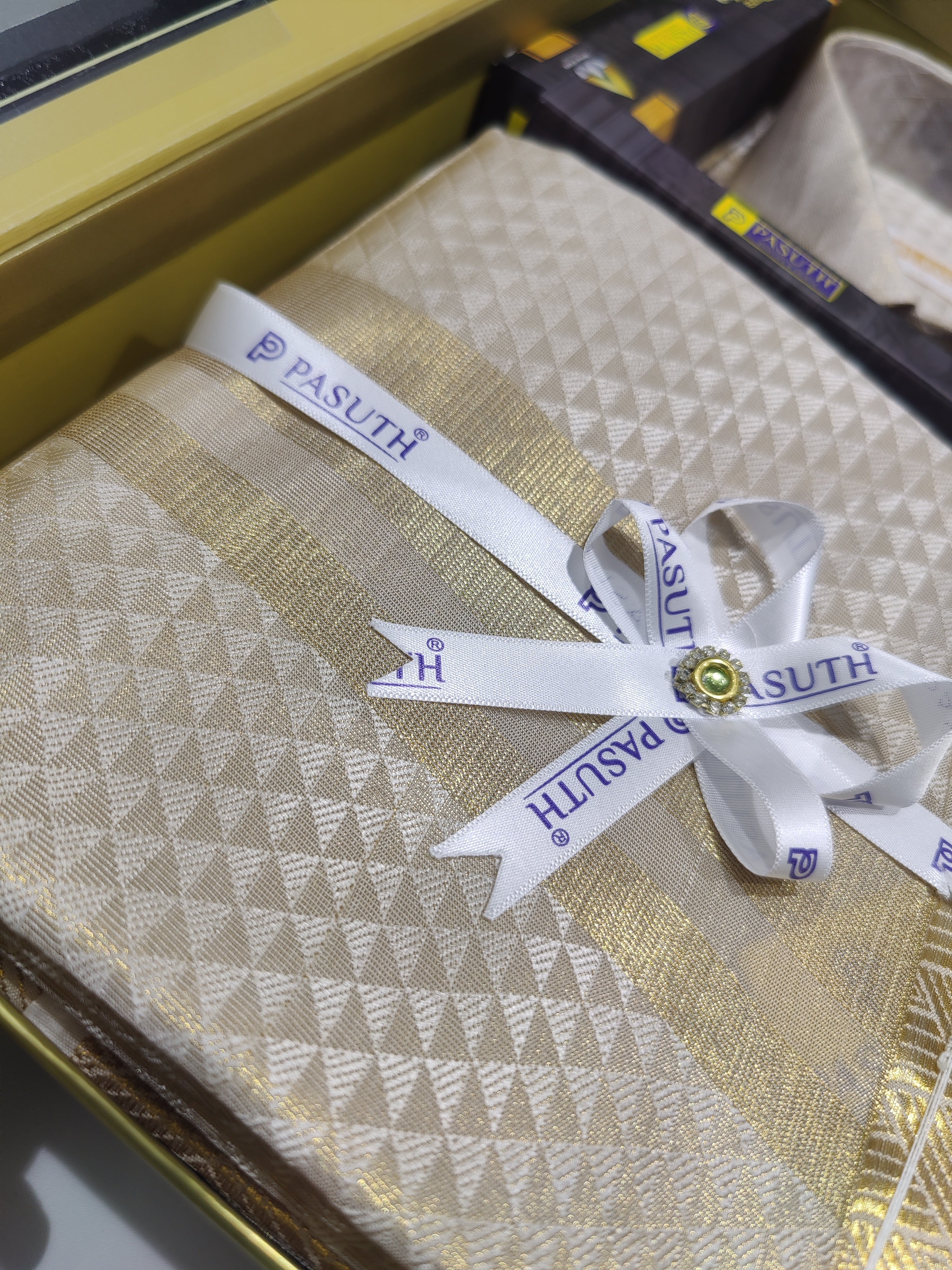 "Silver with Gold Shade Dhoti Set with Dhoti, Shirt, Belt & Perfume – Wedding Collection" - New Sudarshan Silks`