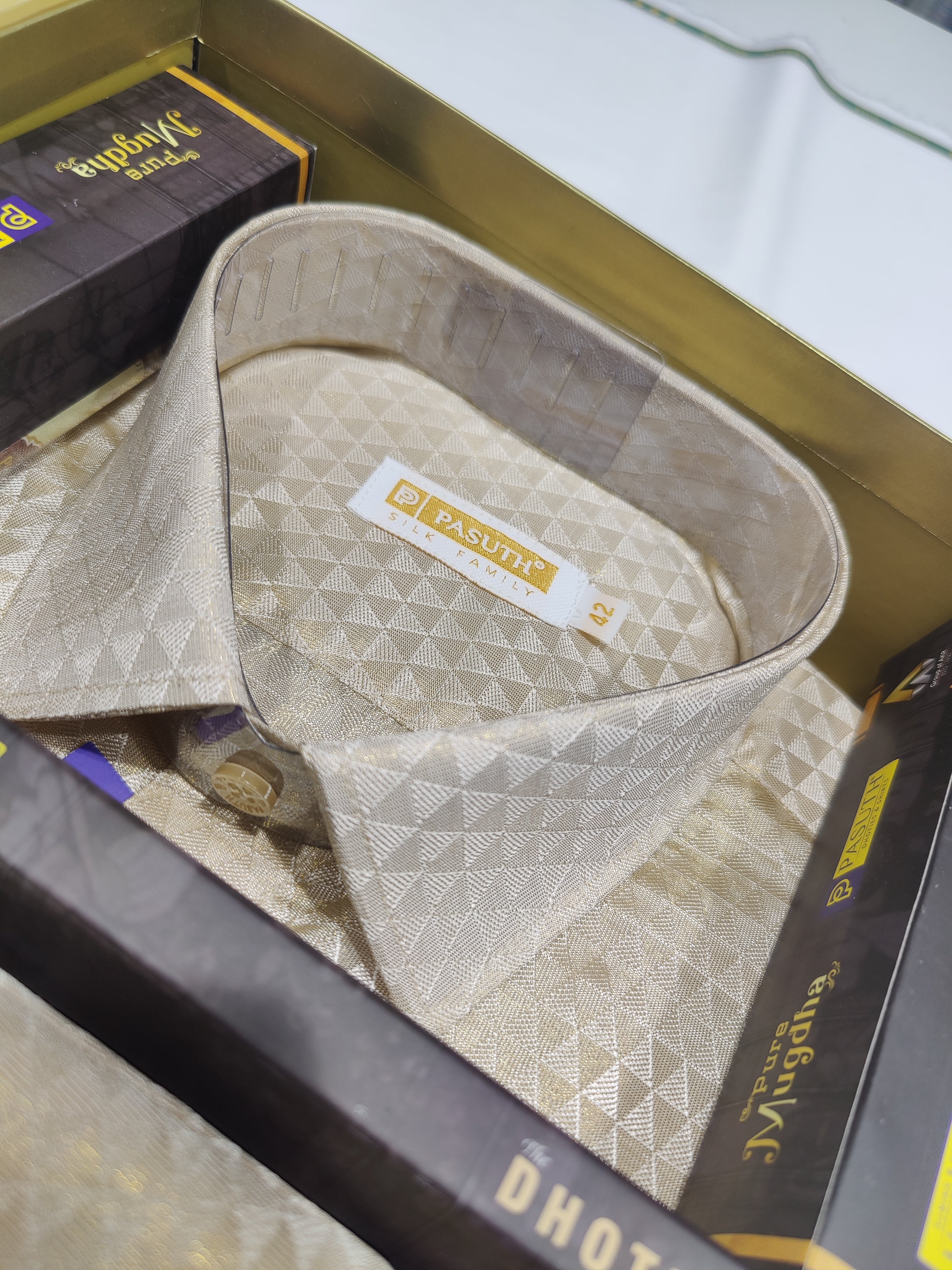 "Silver with Gold Shade Dhoti Set with Dhoti, Shirt, Belt & Perfume – Wedding Collection" - New Sudarshan Silks`