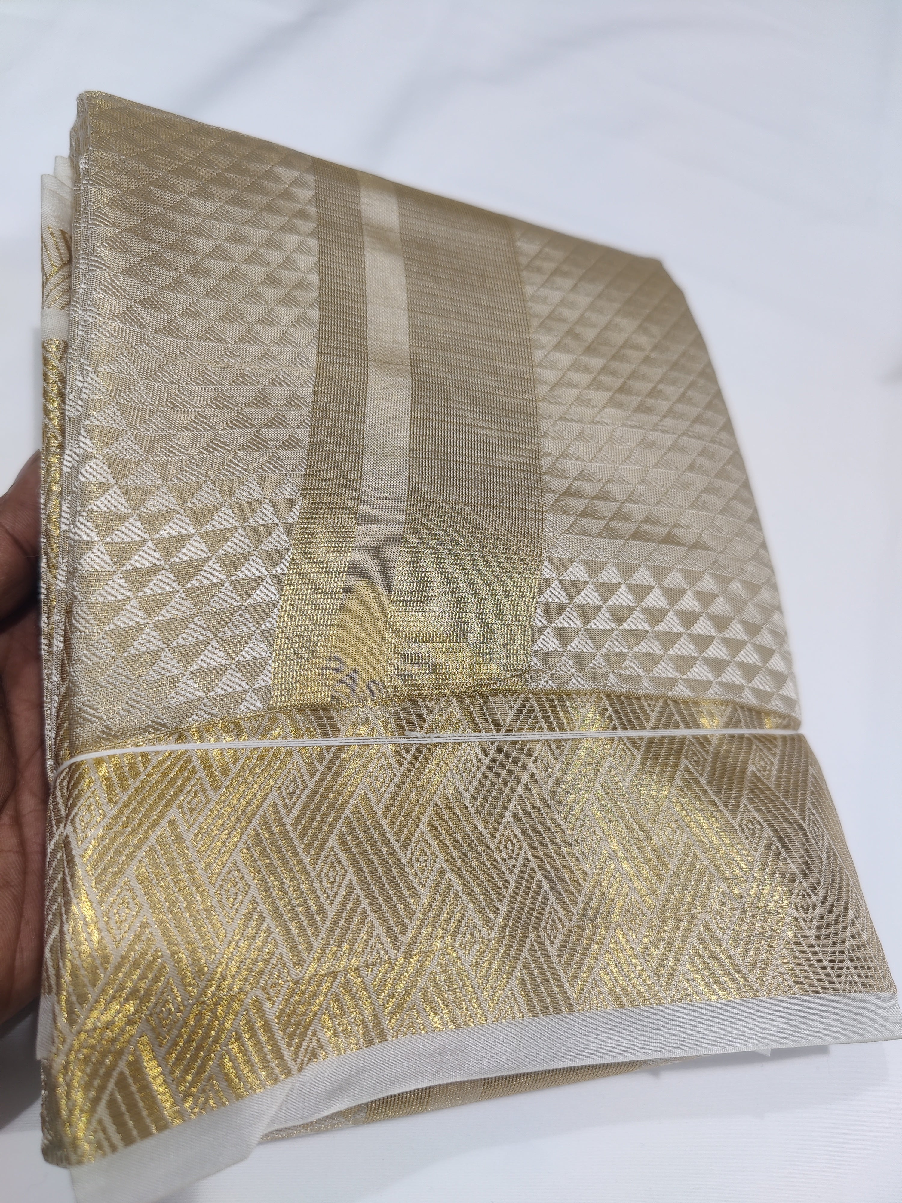 "Silver with Gold Shade Dhoti Set with Dhoti, Shirt, Belt & Perfume – Wedding Collection" - New Sudarshan Silks`
