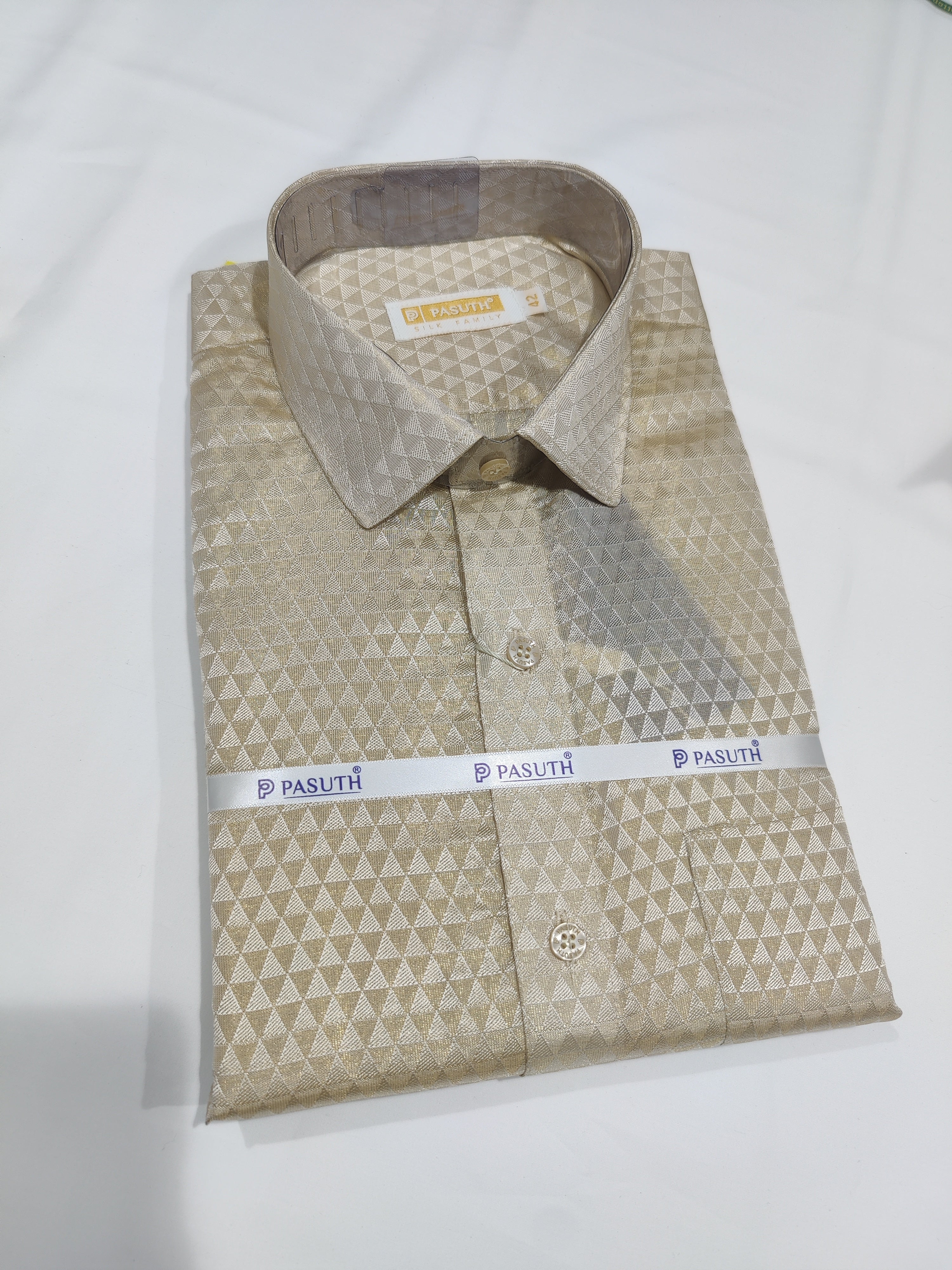 "Silver with Gold Shade Dhoti Set with Dhoti, Shirt, Belt & Perfume – Wedding Collection" - New Sudarshan Silks`