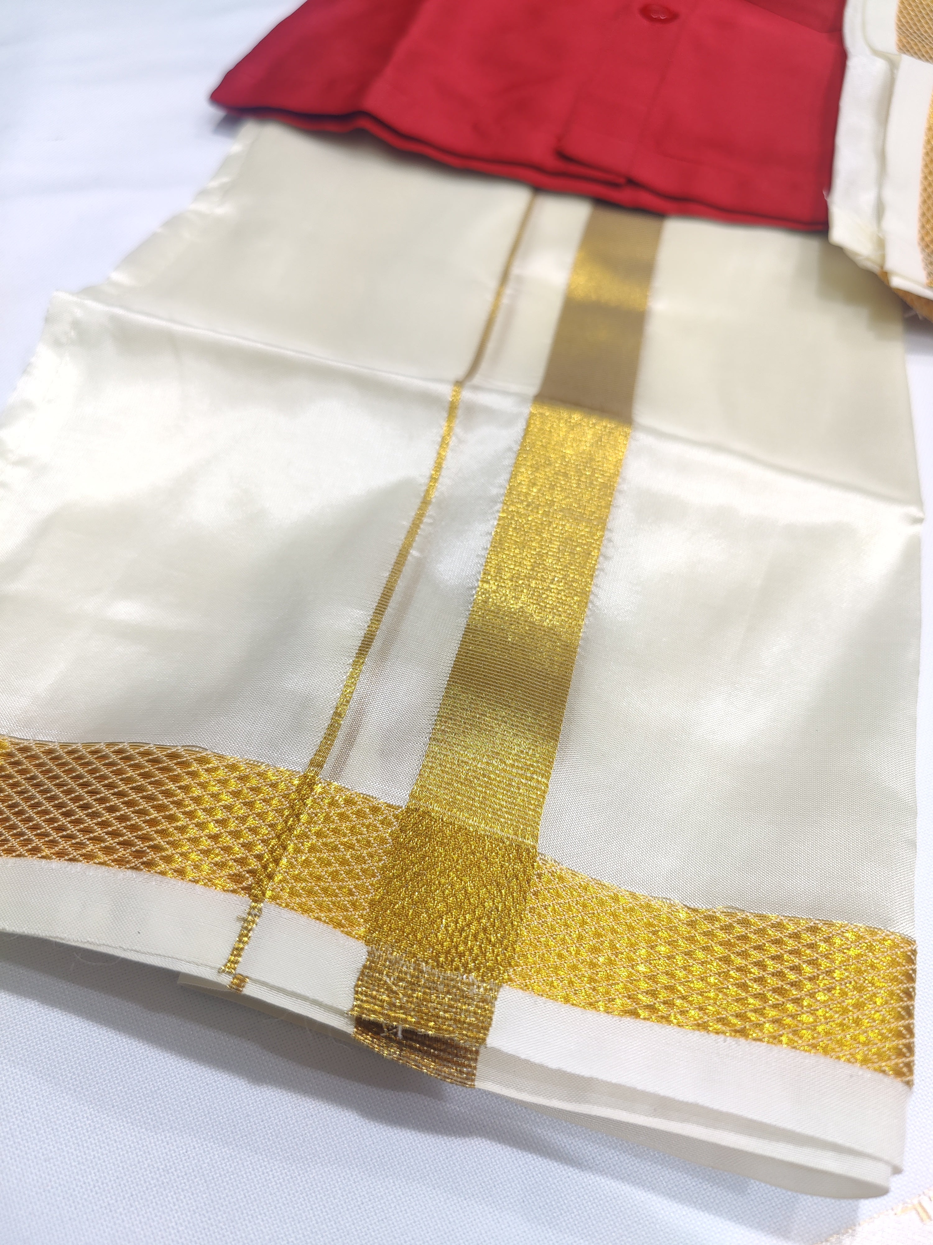 Red Kids Dhoti Shirt Set with Traditional Pancha - New Sudarshan Silks`