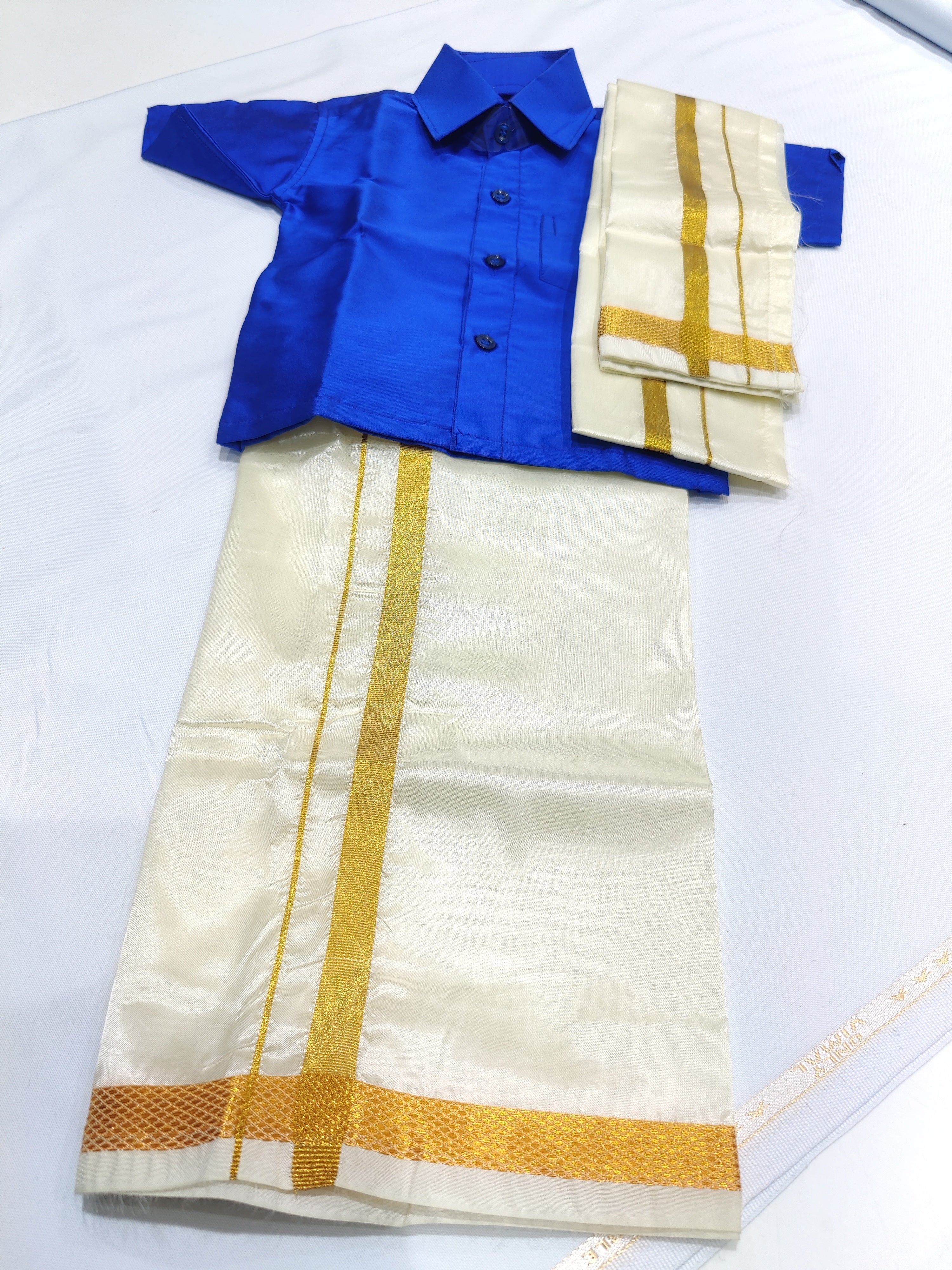 Blue Kids Dhoti Shirt Set with Traditional Pancha - New Sudarshan Silks`