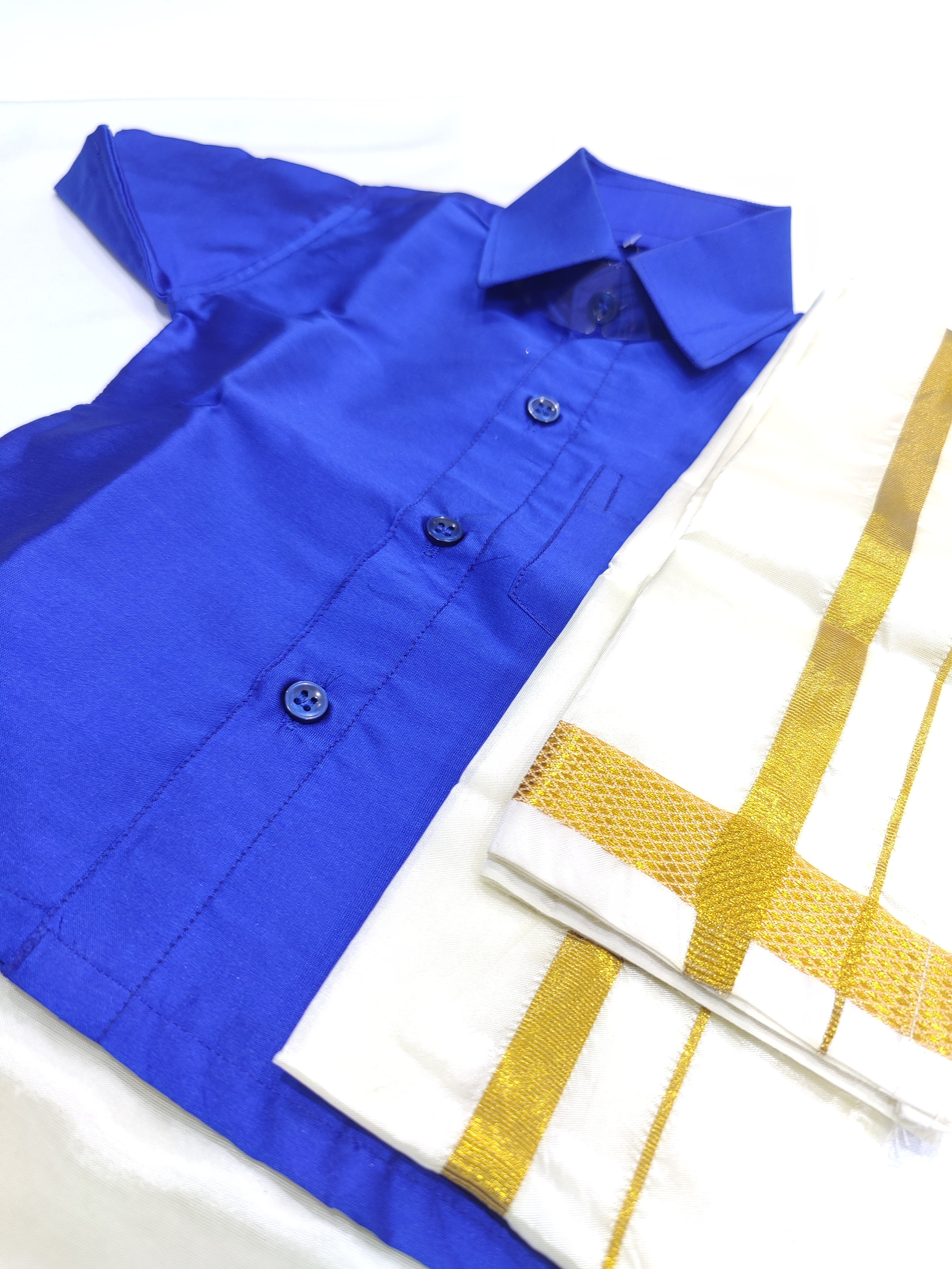 Blue Kids Dhoti Shirt Set with Traditional Pancha - New Sudarshan Silks`
