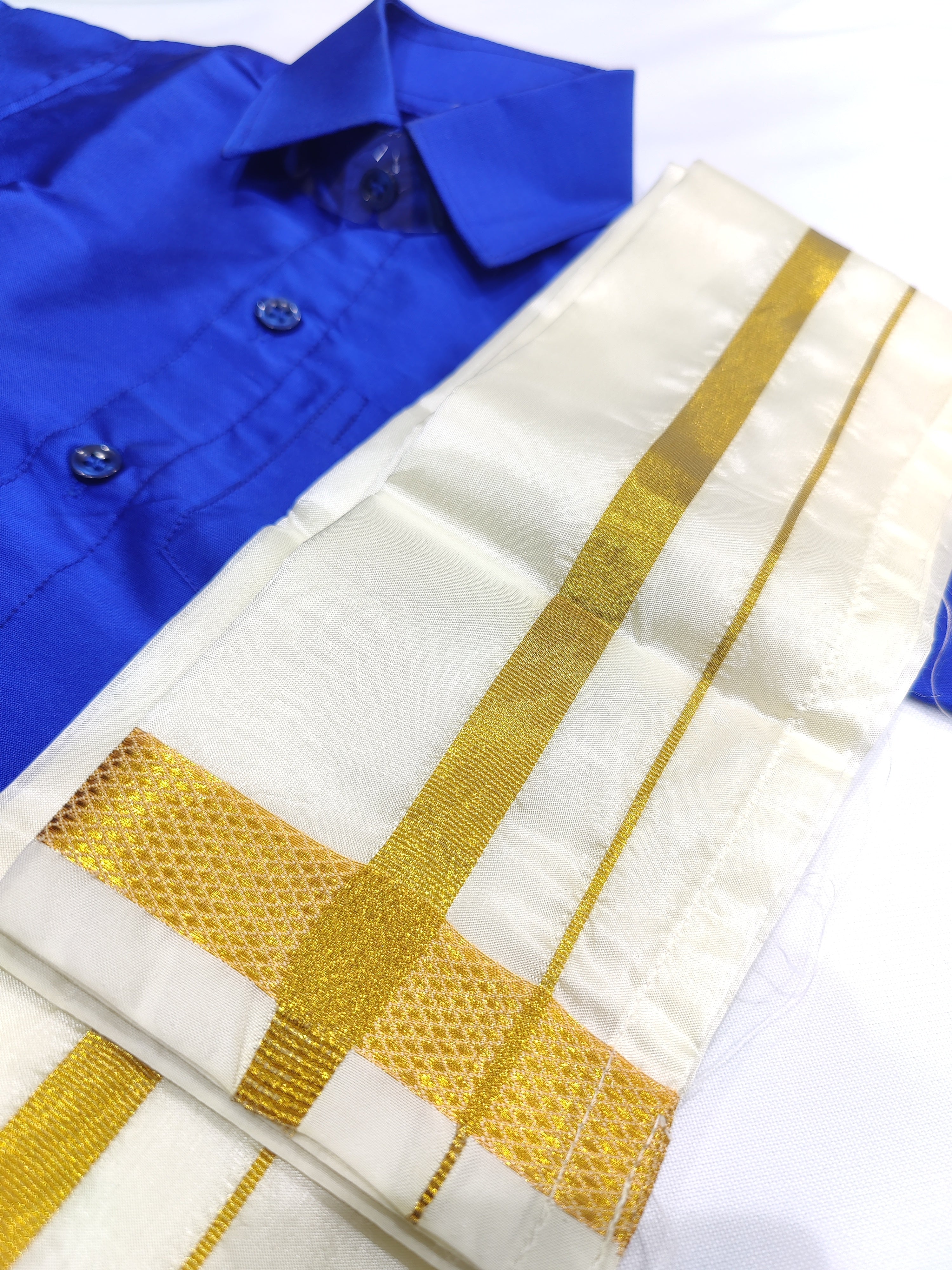 Blue Kids Dhoti Shirt Set with Traditional Pancha - New Sudarshan Silks`
