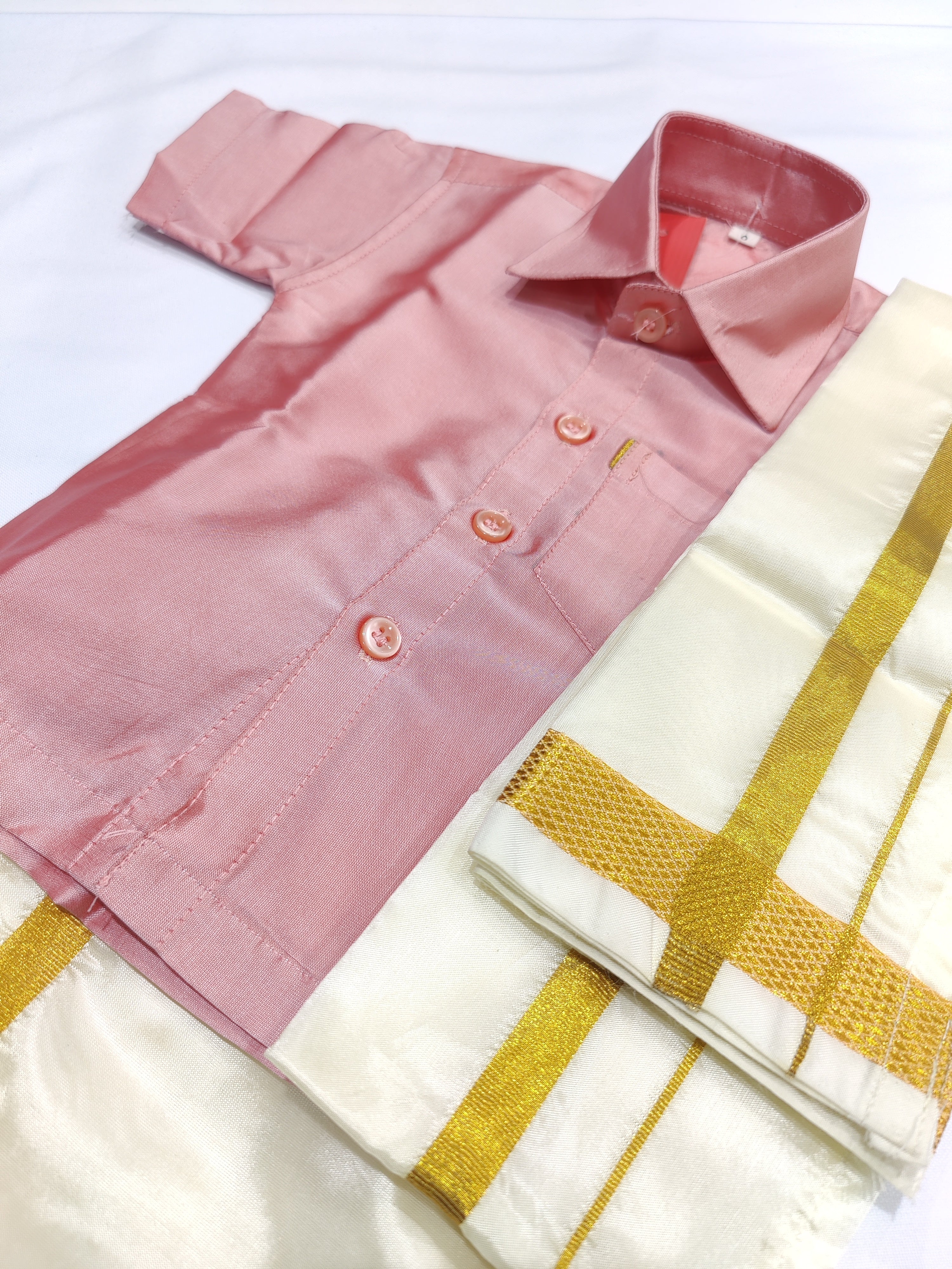 Peach Kids Dhoti Shirt Set with Traditional Pancha - New Sudarshan Silks`