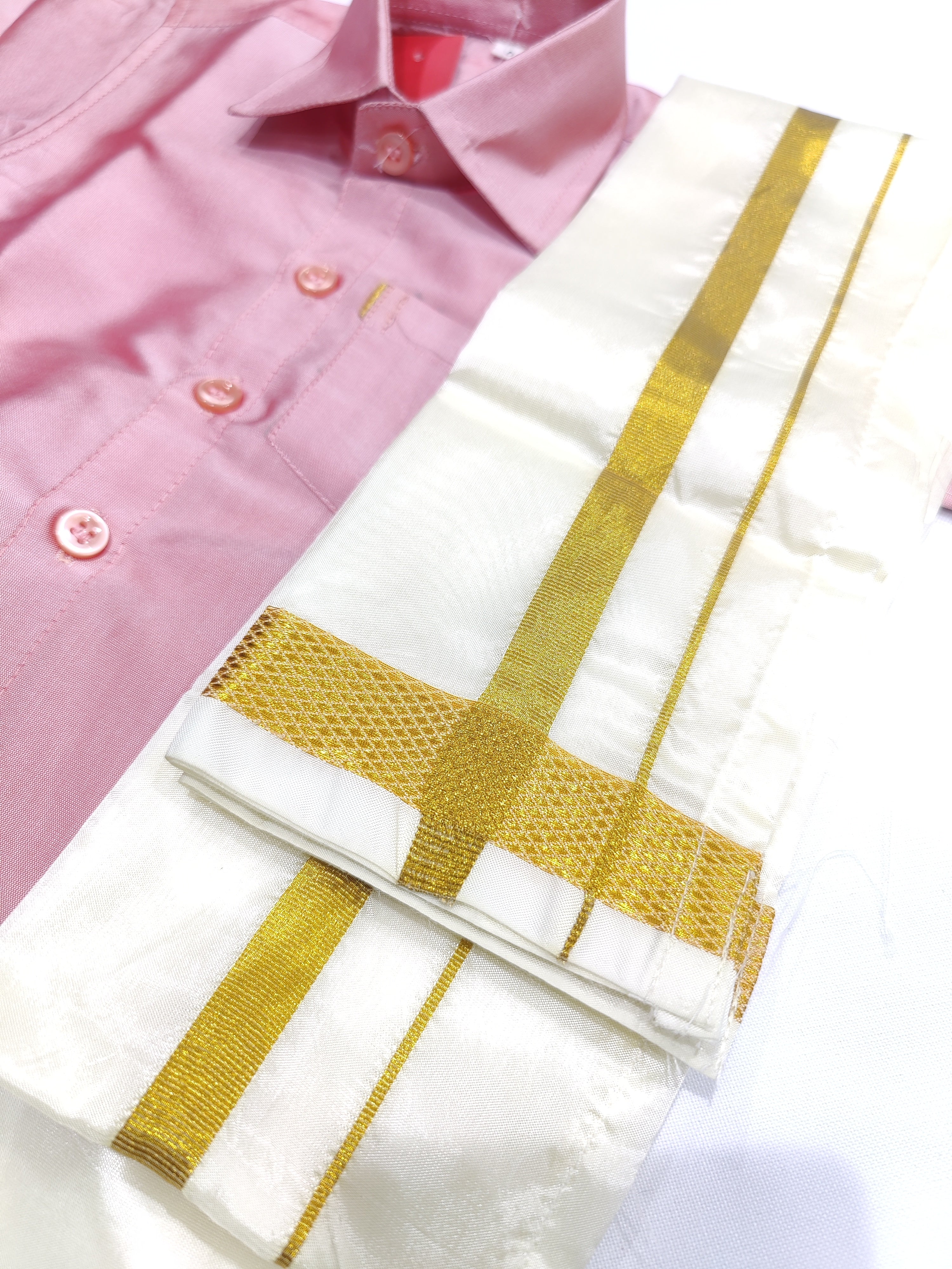 Peach Kids Dhoti Shirt Set with Traditional Pancha - New Sudarshan Silks`