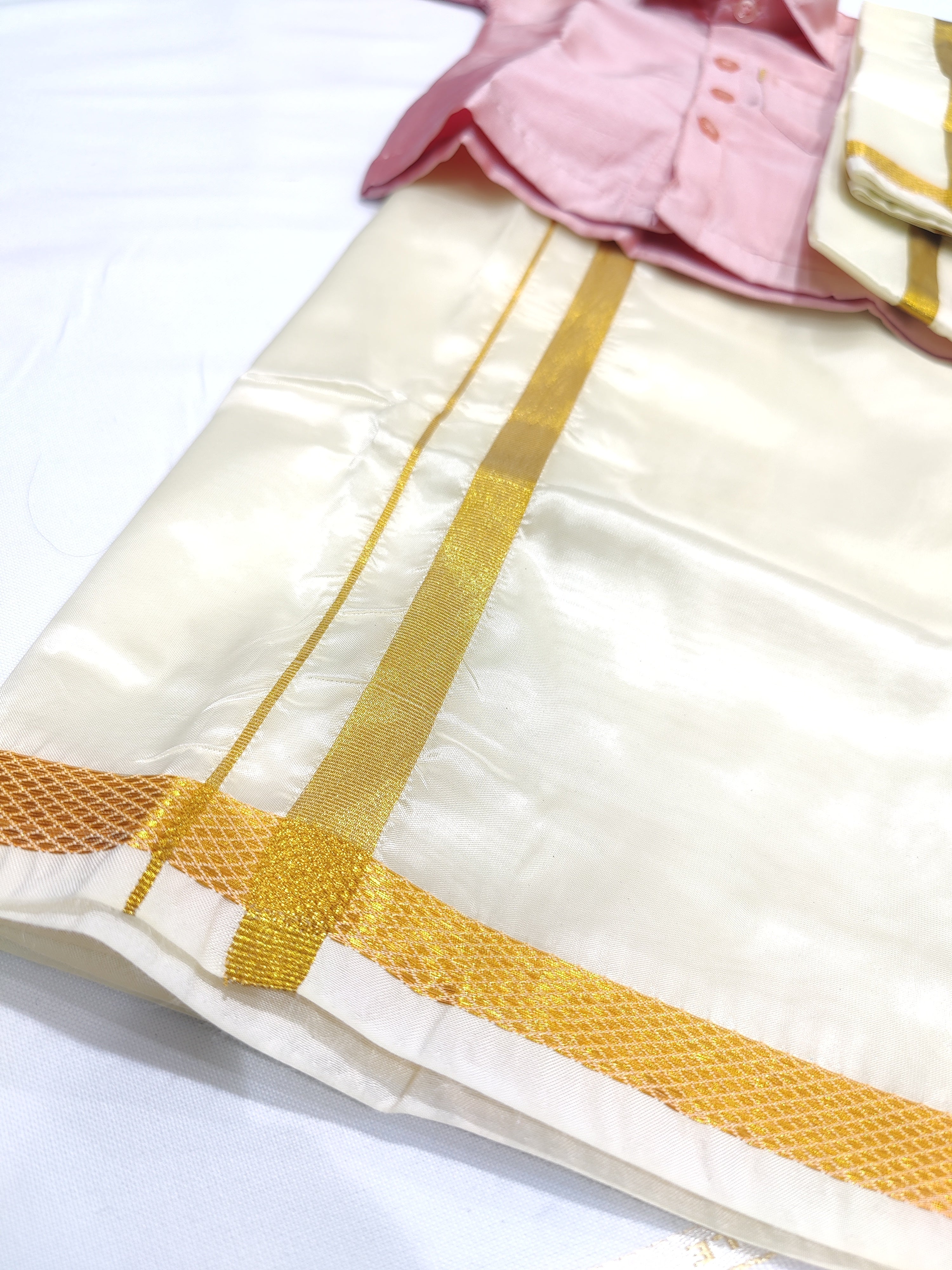 Peach Kids Dhoti Shirt Set with Traditional Pancha - New Sudarshan Silks`