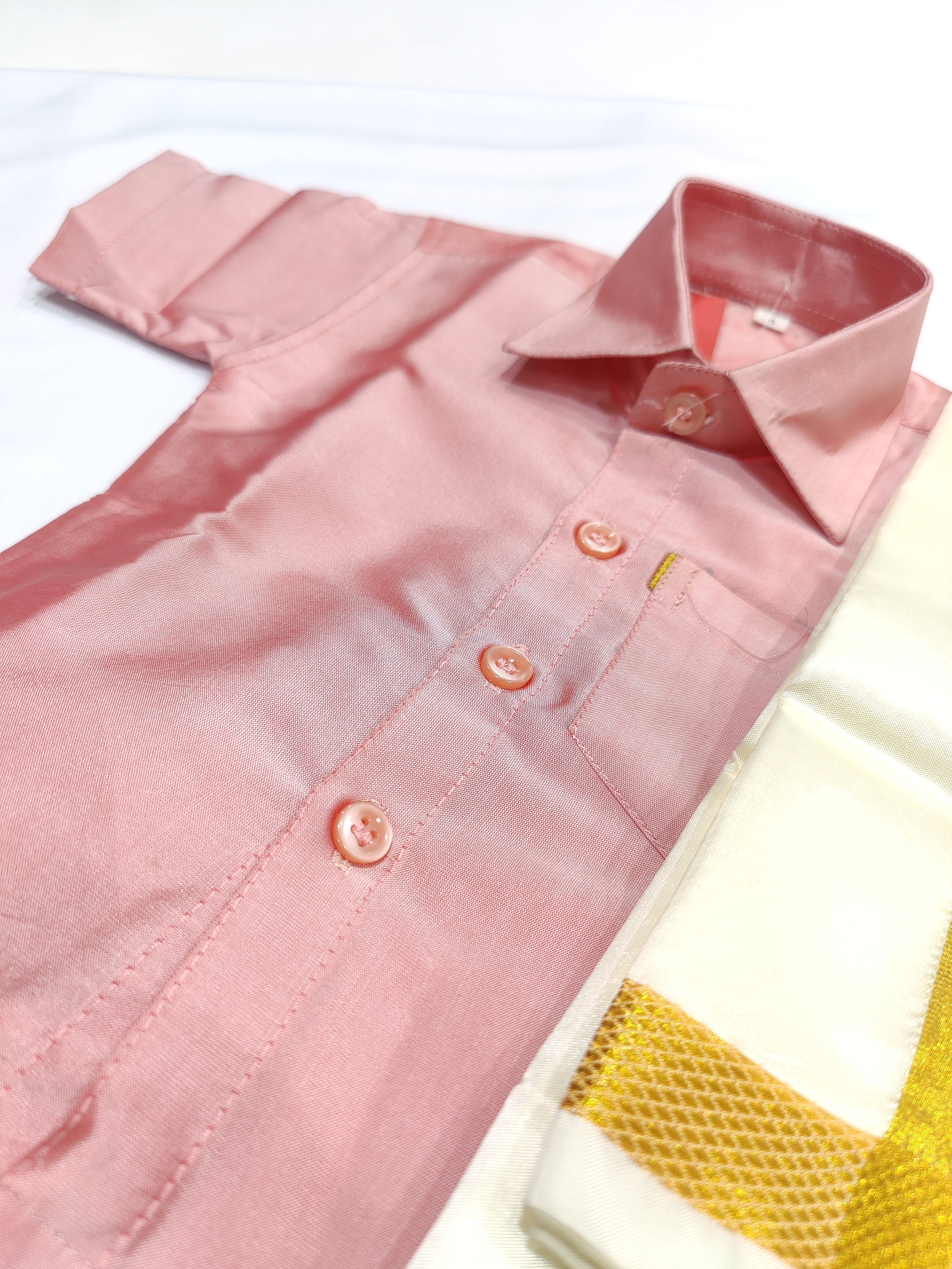 Peach Kids Dhoti Shirt Set with Traditional Pancha - New Sudarshan Silks`