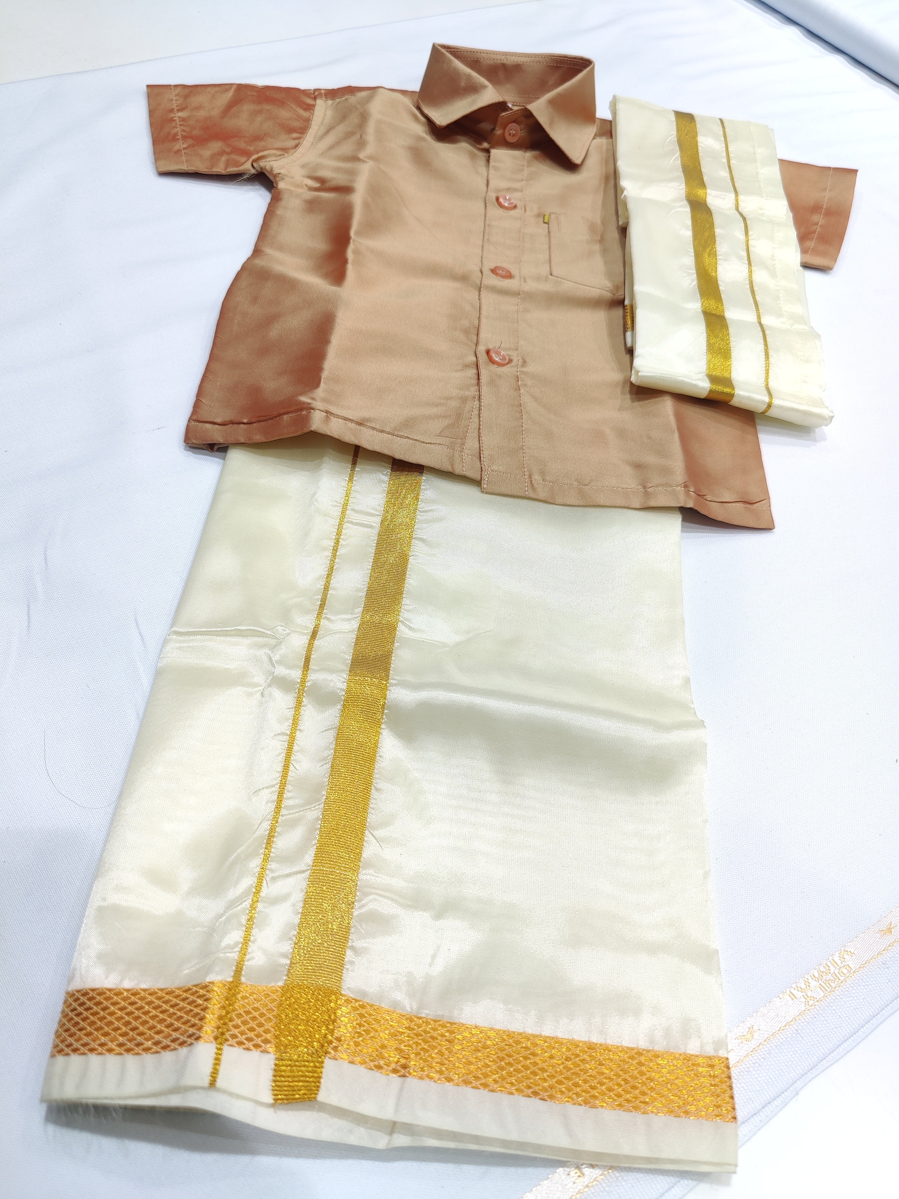 Brown Kids Dhoti Shirt Set with Traditional Pancha - New Sudarshan Silks`