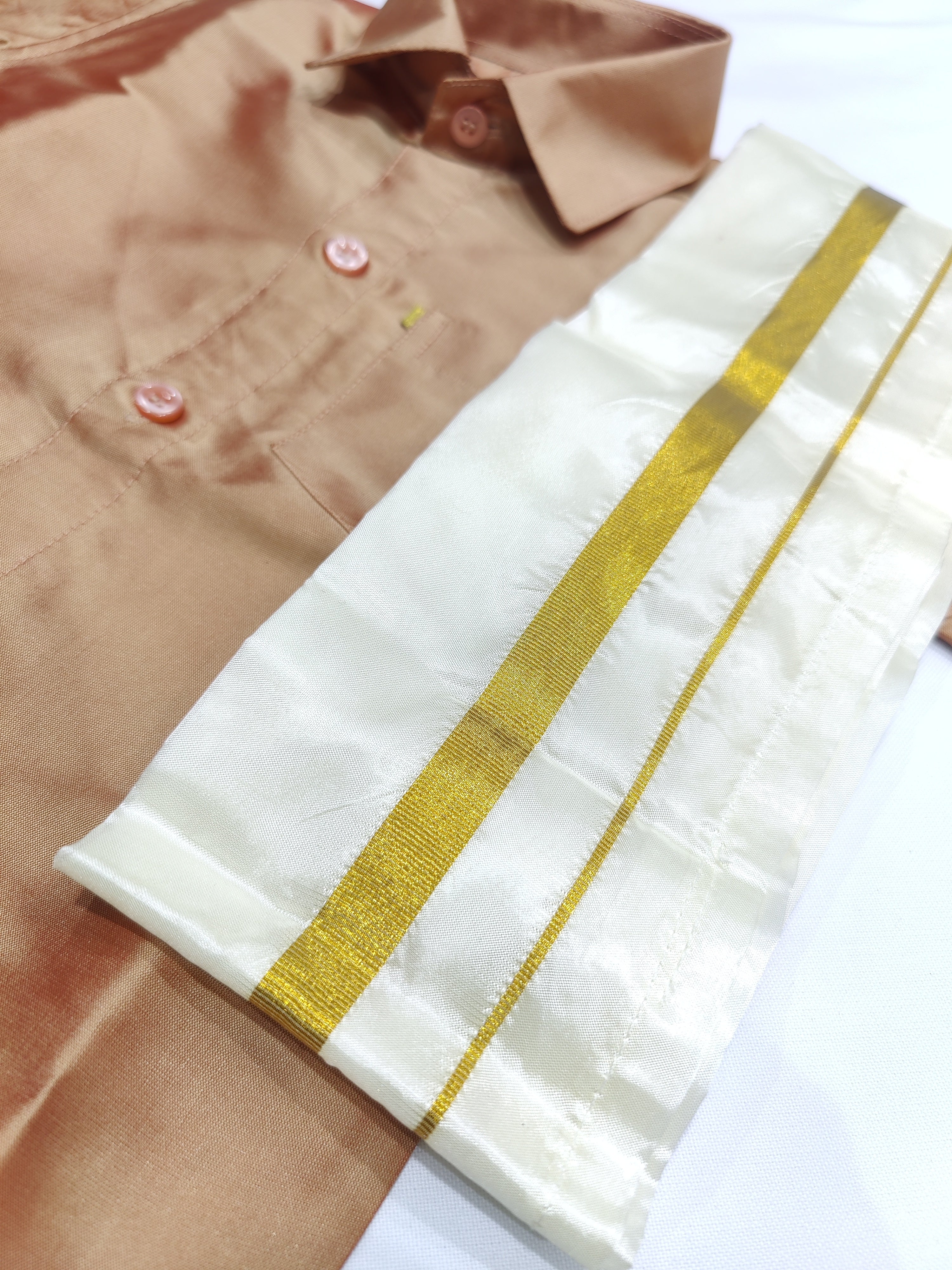 Brown Kids Dhoti Shirt Set with Traditional Pancha - New Sudarshan Silks`
