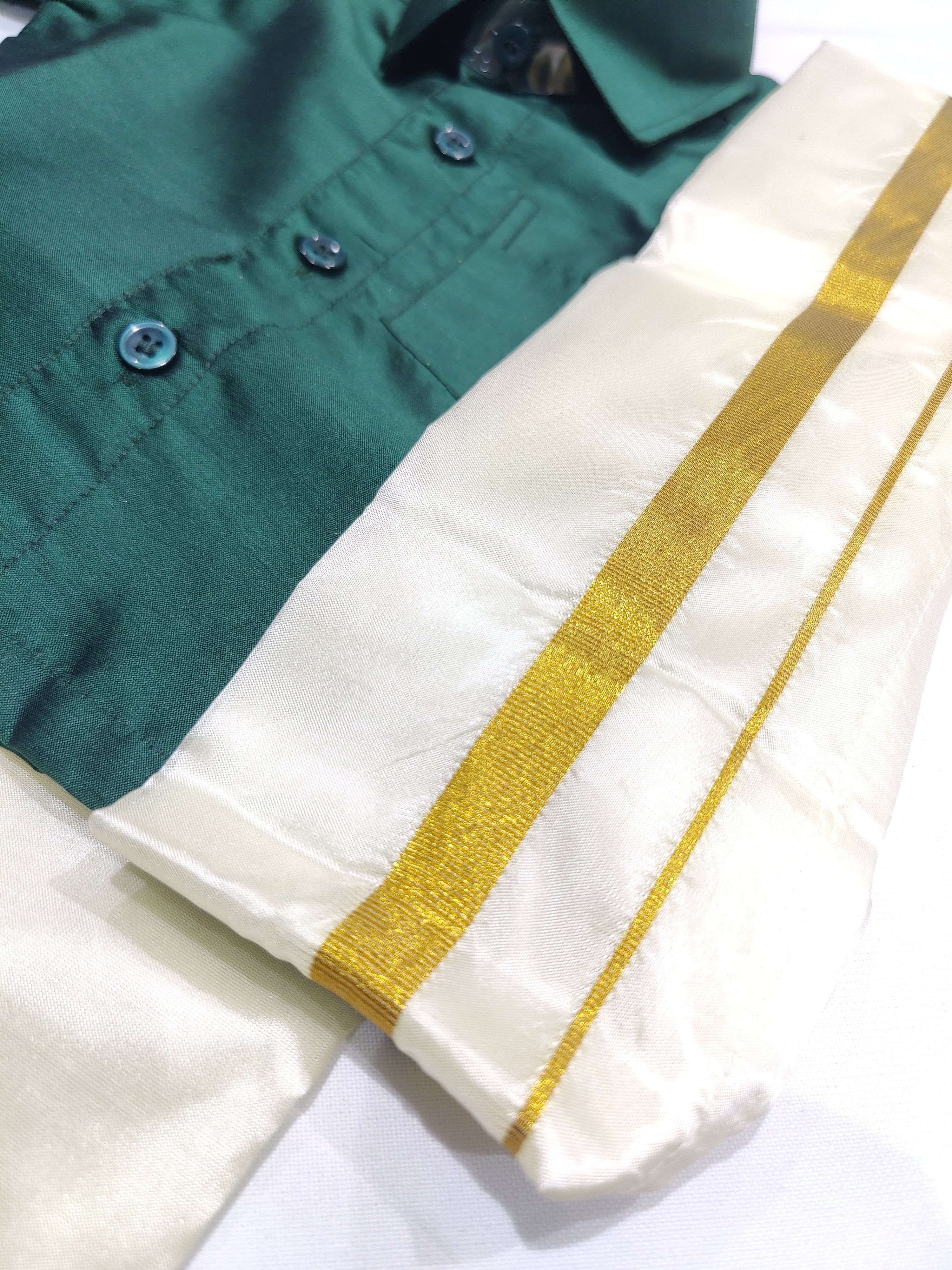 Green Kids Dhoti Shirt Set with Traditional Pancha - New Sudarshan Silks`