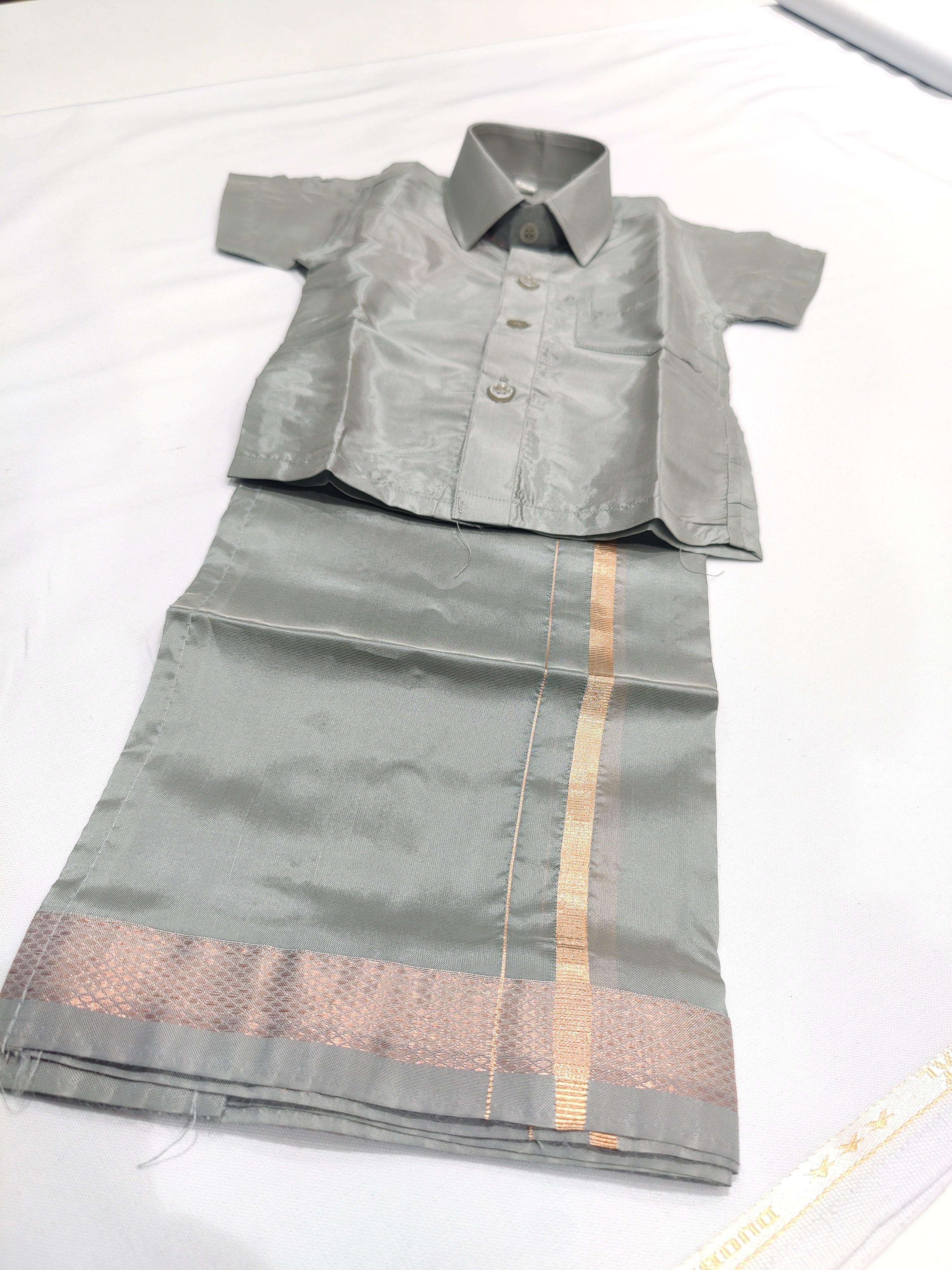 Ash Grey Tissue Pancha Shirts - Traditional Elegance for Little Boys - New Sudarshan Silks`