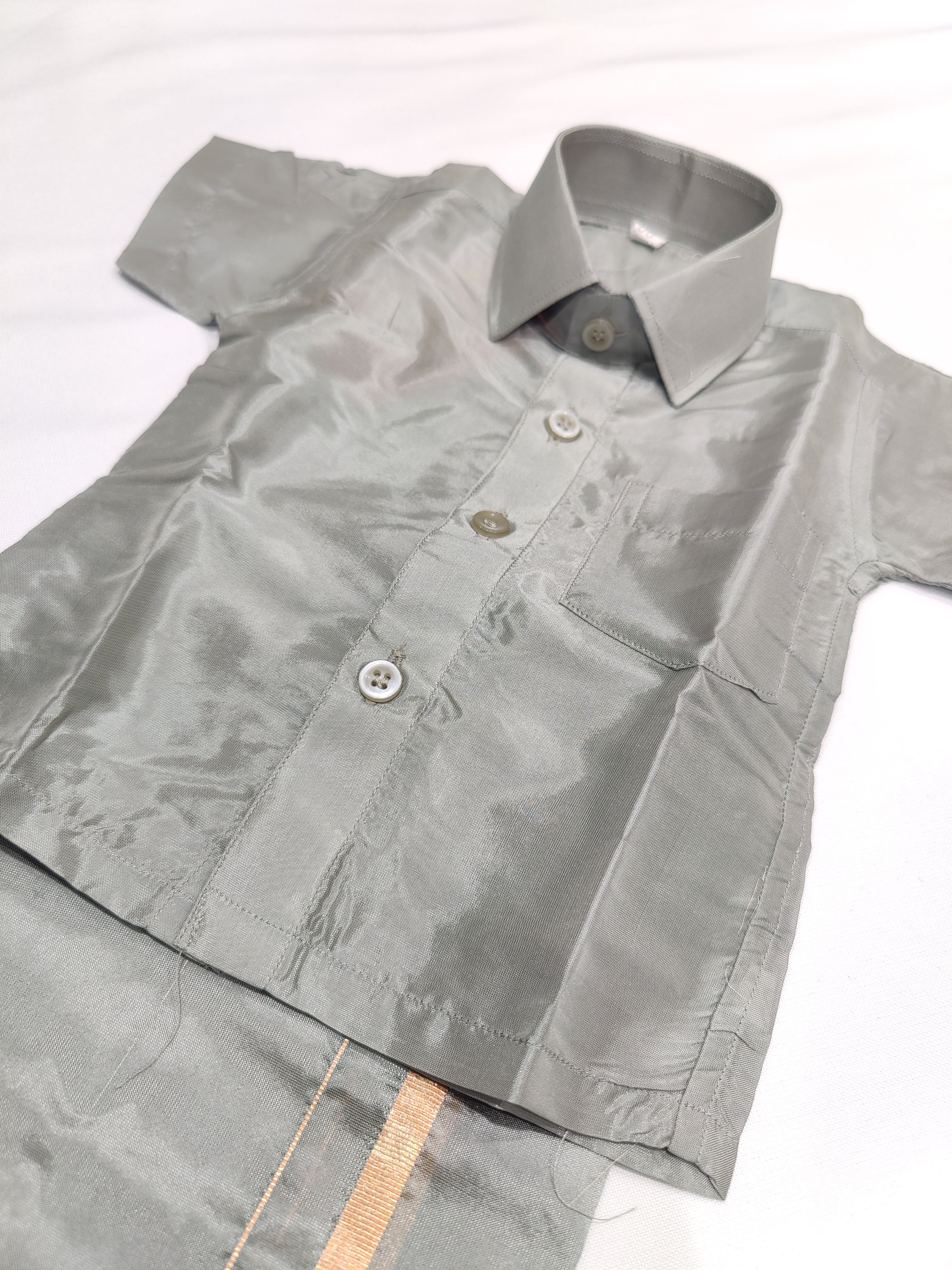 Ash Grey Tissue Pancha Shirts - Traditional Elegance for Little Boys - New Sudarshan Silks`
