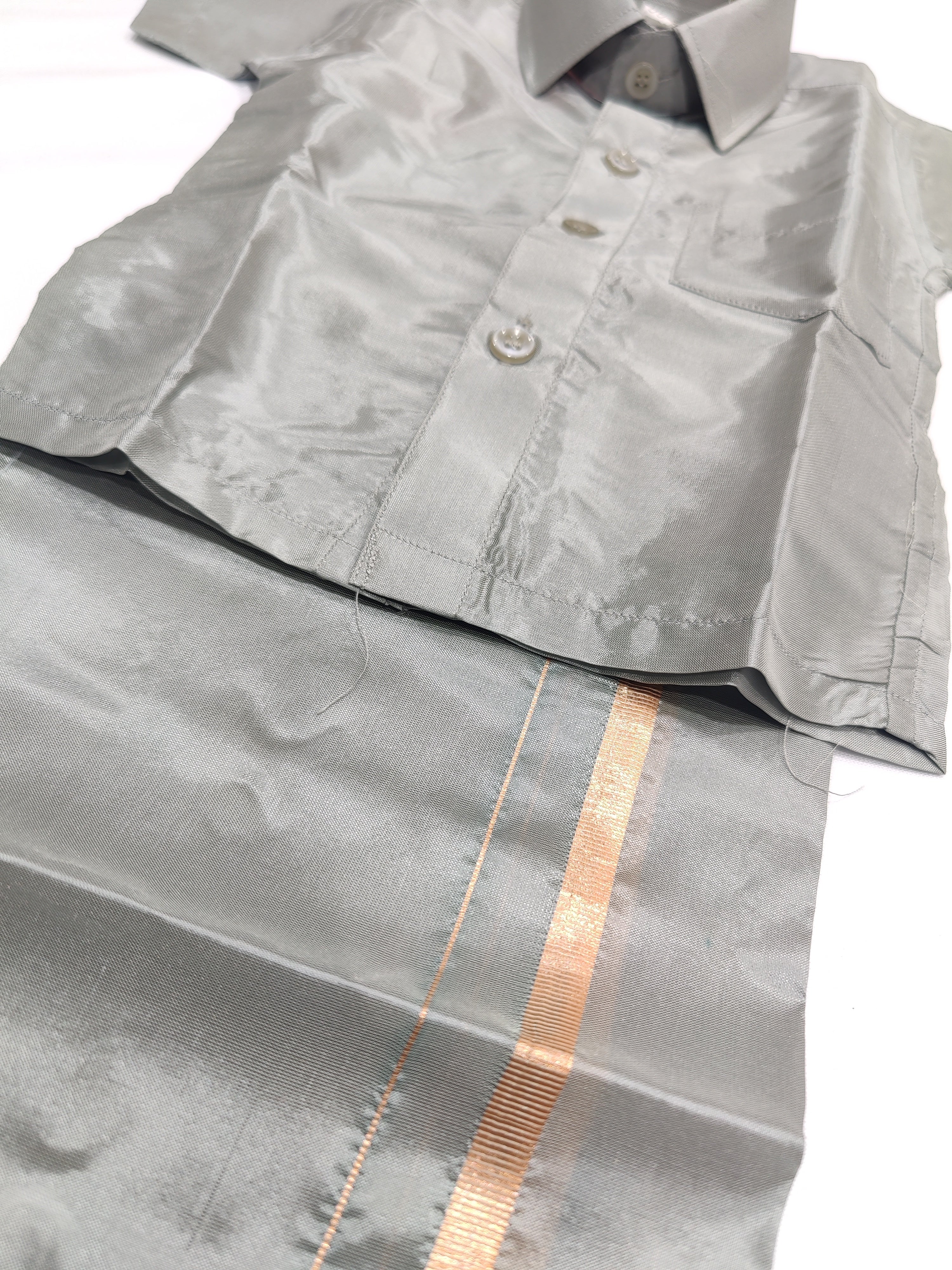 Ash Grey Tissue Pancha Shirts - Traditional Elegance for Little Boys - New Sudarshan Silks`