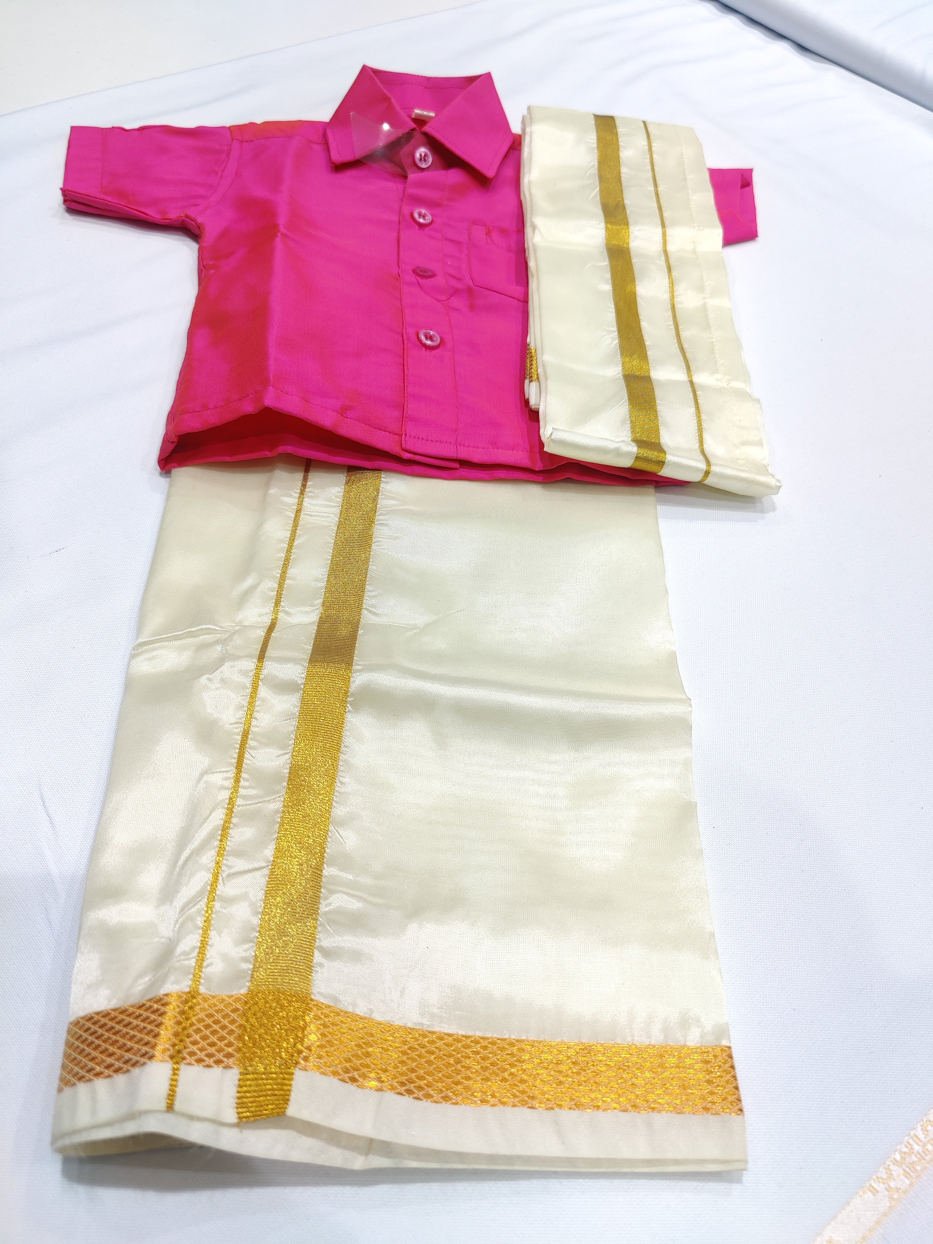 Manjenta Pink Kids Dhoti Shirt Set with Traditional Pancha - New Sudarshan Silks`