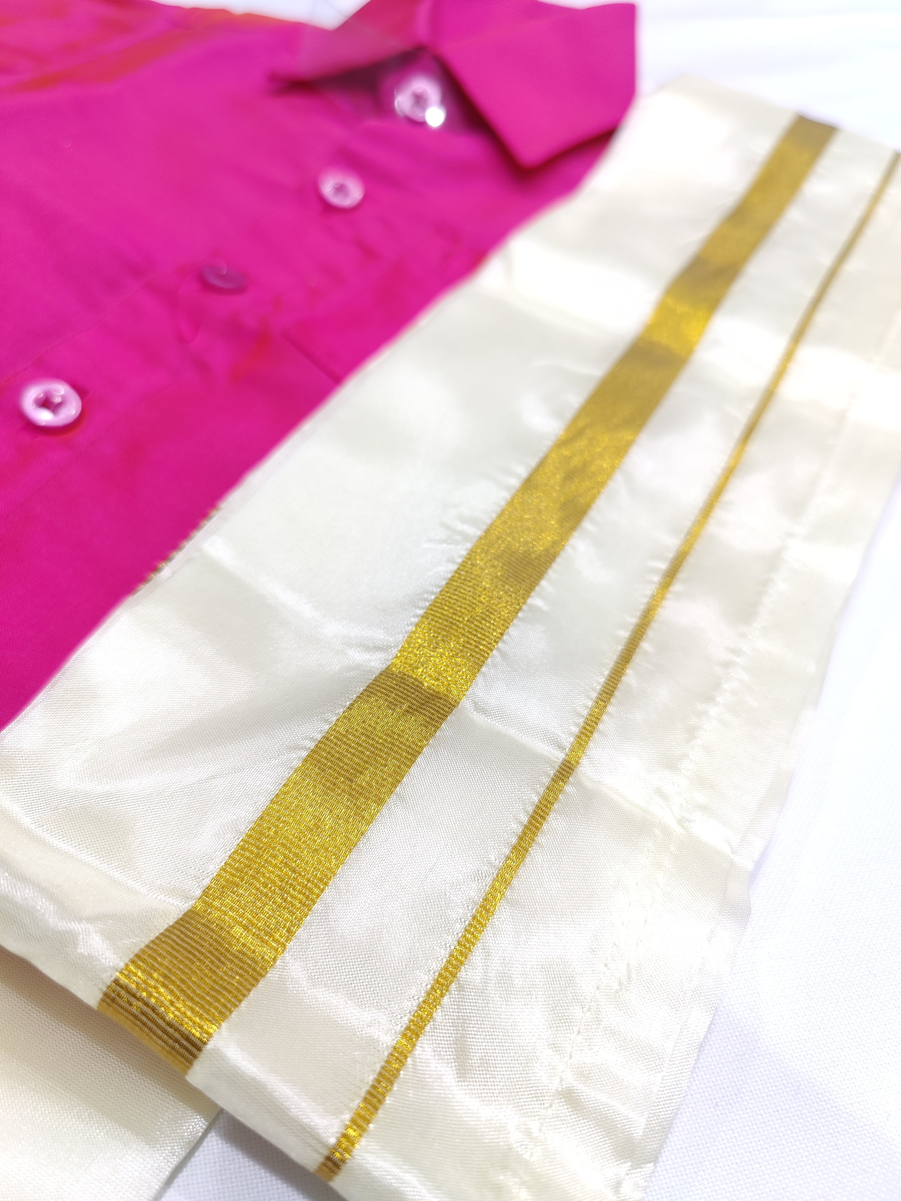 Manjenta Pink Kids Dhoti Shirt Set with Traditional Pancha - New Sudarshan Silks`