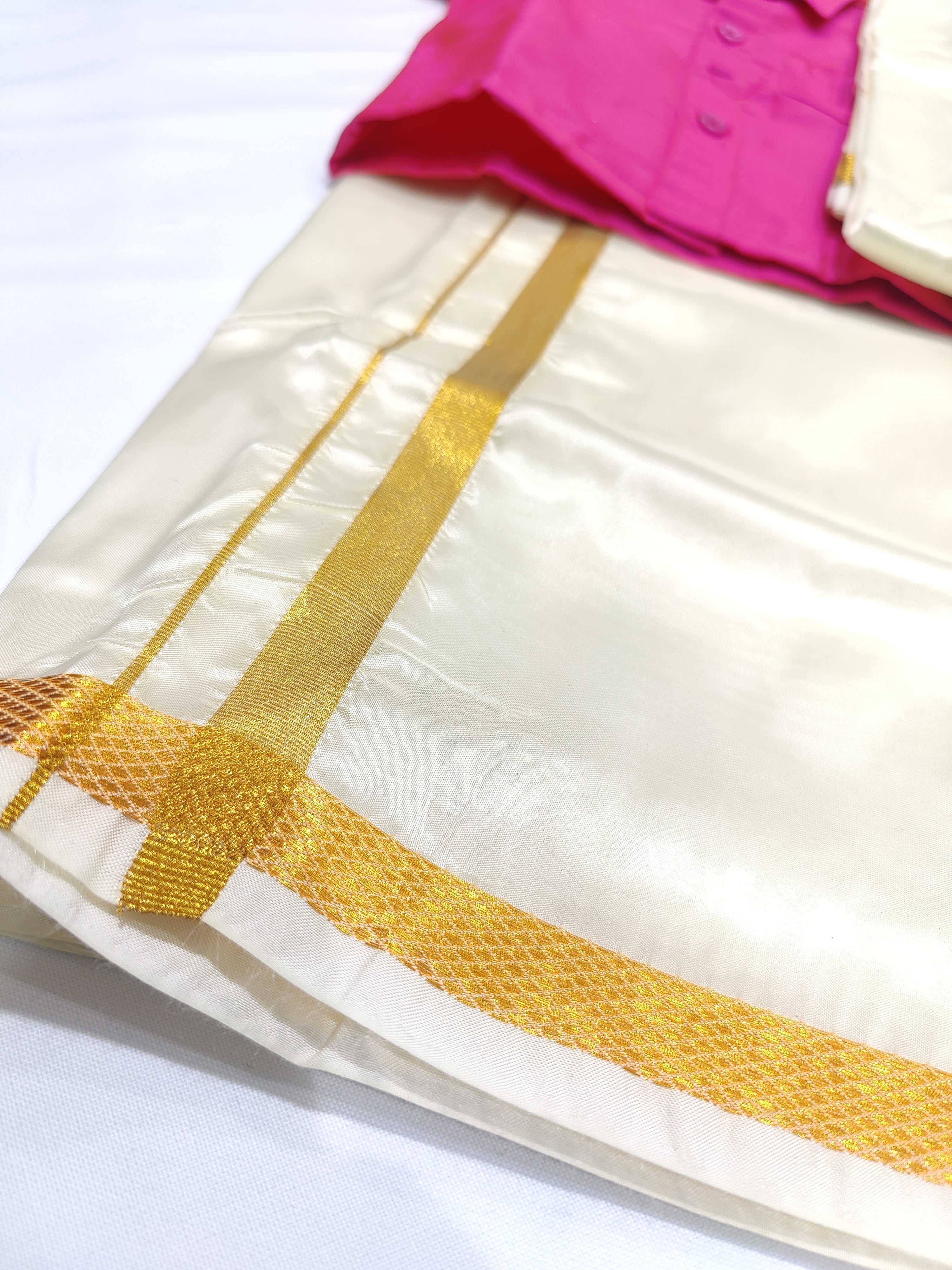 Manjenta Pink Kids Dhoti Shirt Set with Traditional Pancha - New Sudarshan Silks`