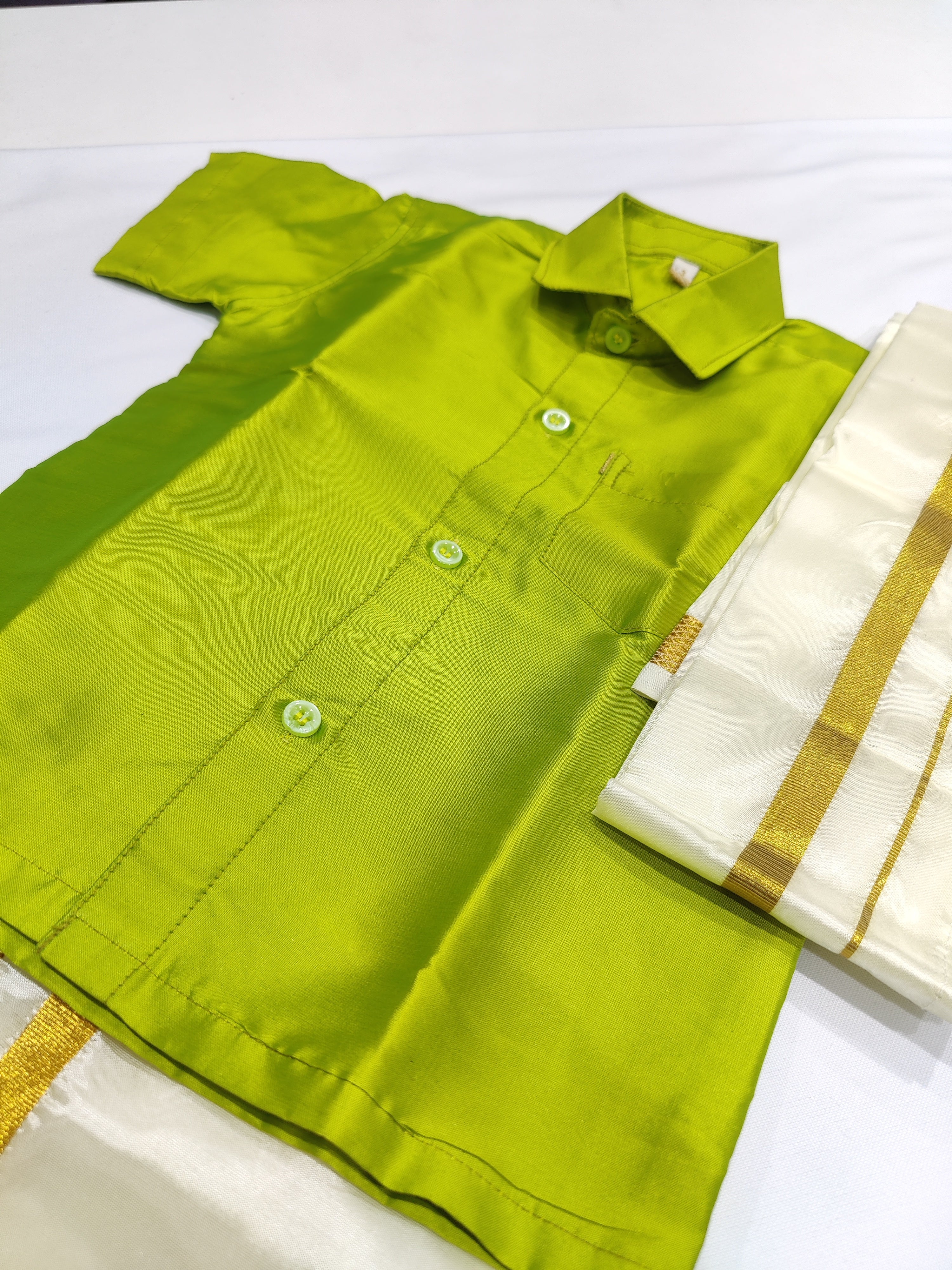 Parrot Green Kids Dhoti Shirt Set with Traditional Pancha - New Sudarshan Silks`