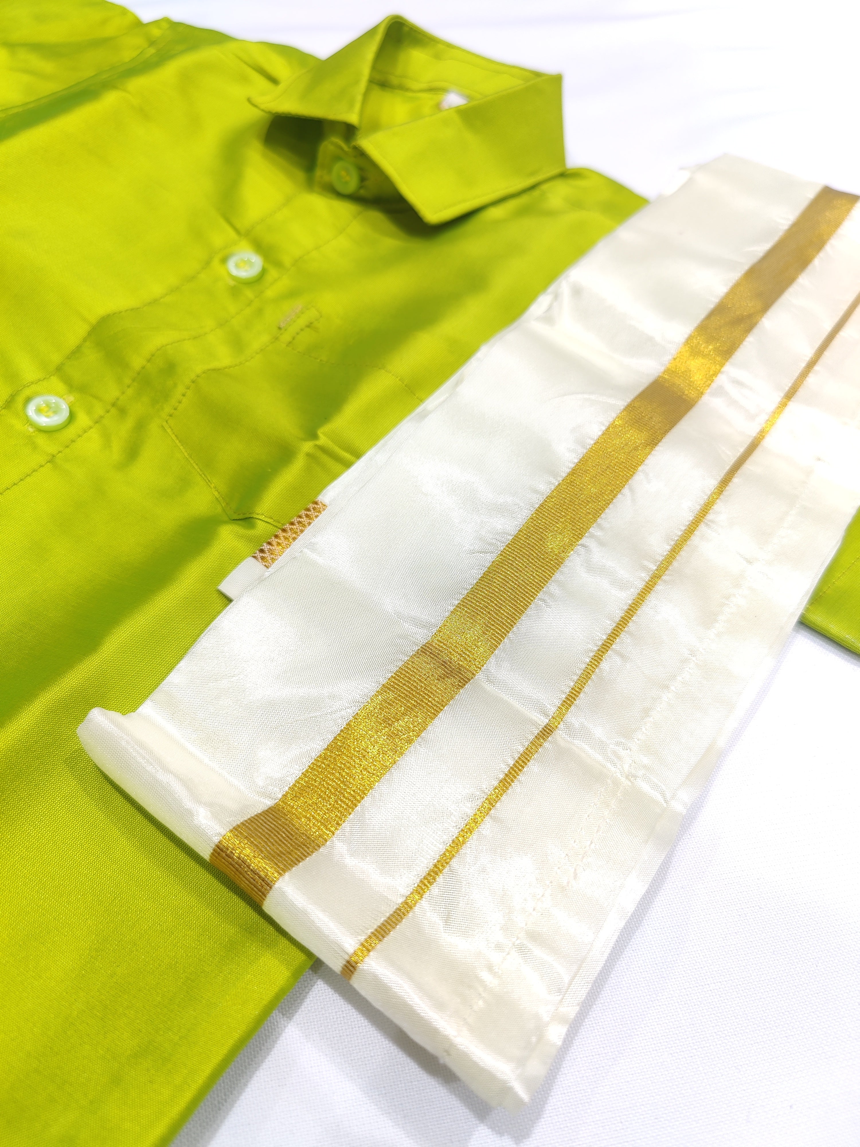 Parrot Green Kids Dhoti Shirt Set with Traditional Pancha - New Sudarshan Silks`