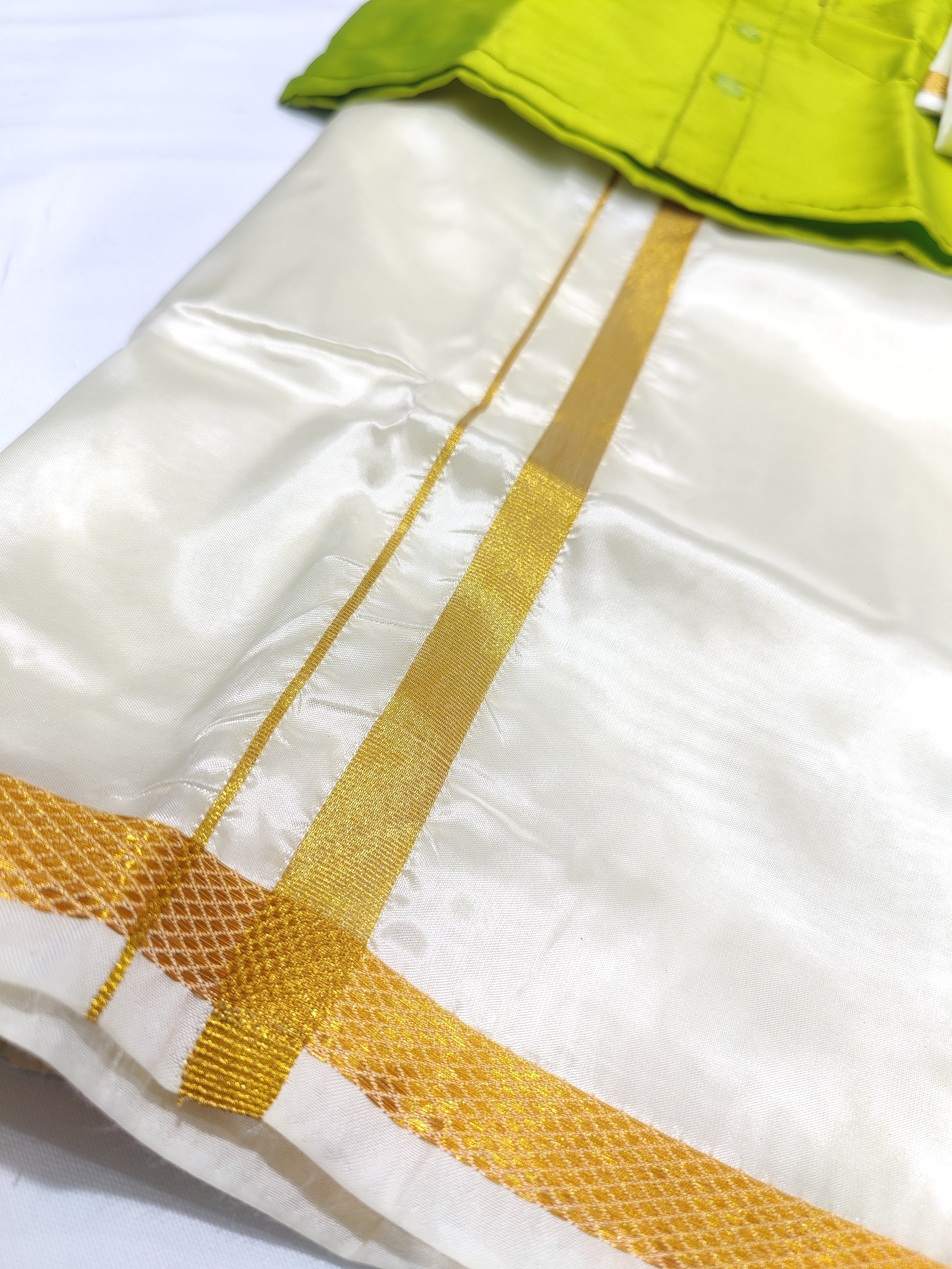Parrot Green Kids Dhoti Shirt Set with Traditional Pancha - New Sudarshan Silks`