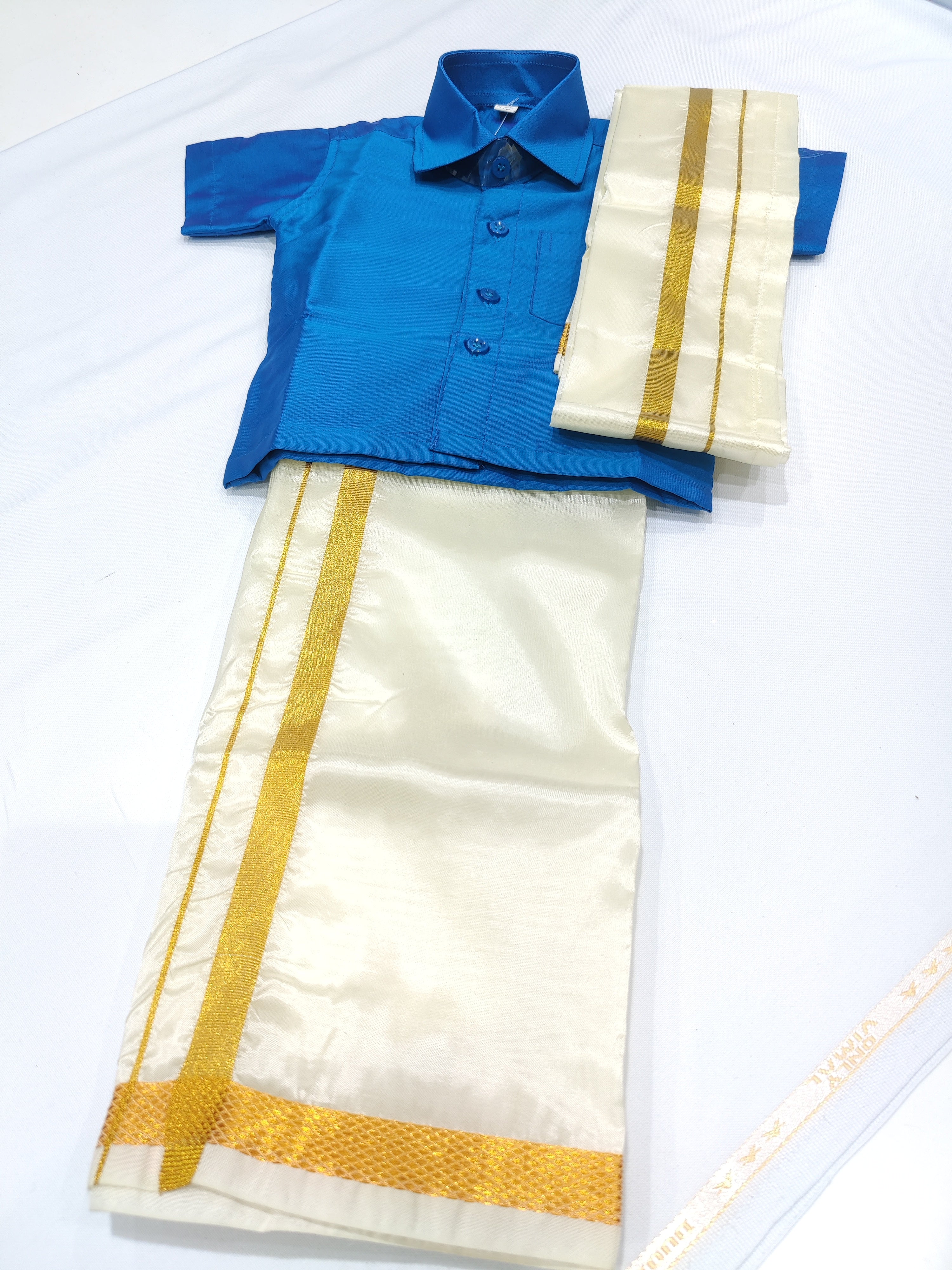 Navy Blue Kids Dhoti Shirt Set with Traditional Pancha - New Sudarshan Silks`